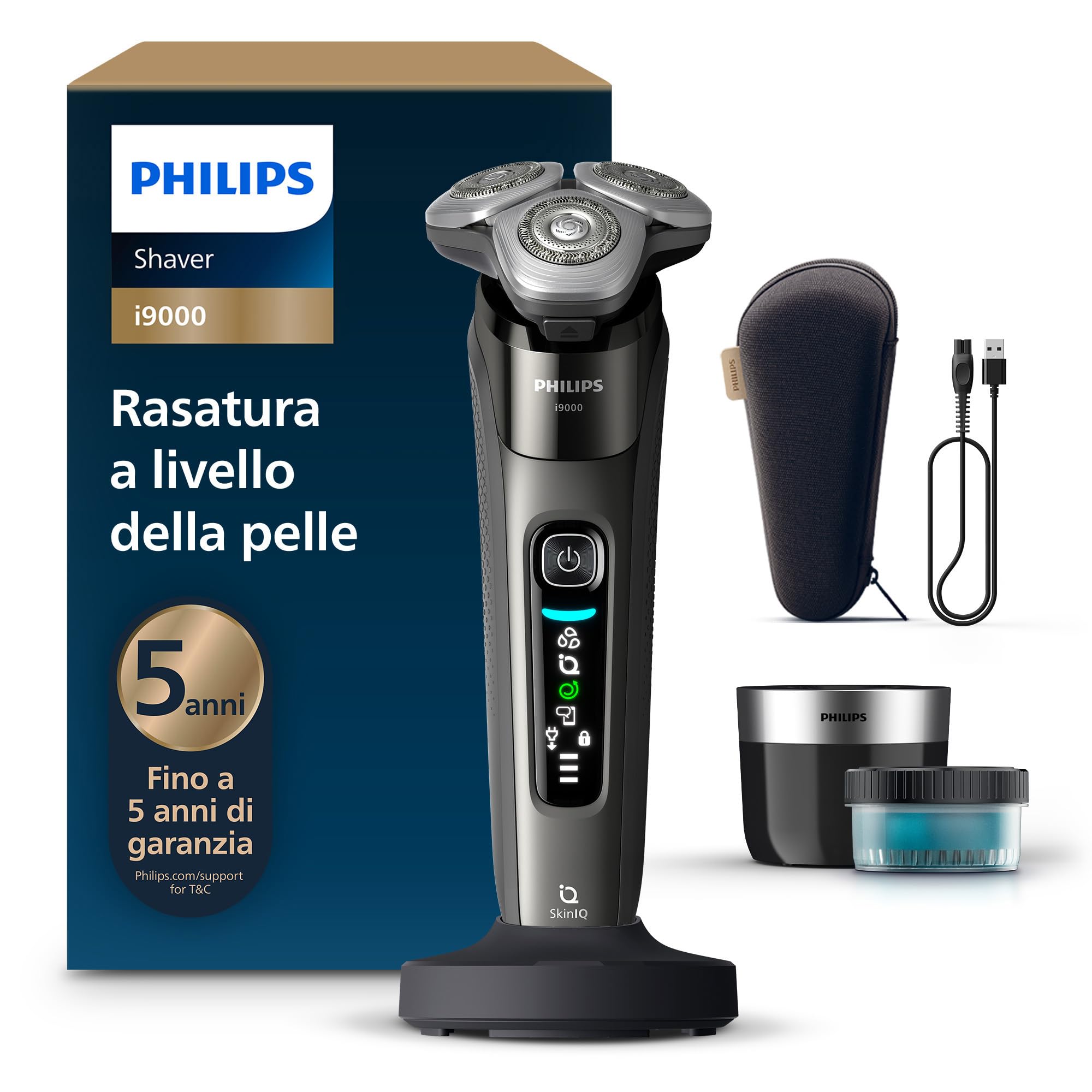 Philips Shaver i9000, rasoio elettrico Wet & Dry, con tecnologia Skin IQ, triplo sistema di sollevamento e taglio, doppie lame di precisione SteelPrecision rotanti a 360°, modello X9002/30
