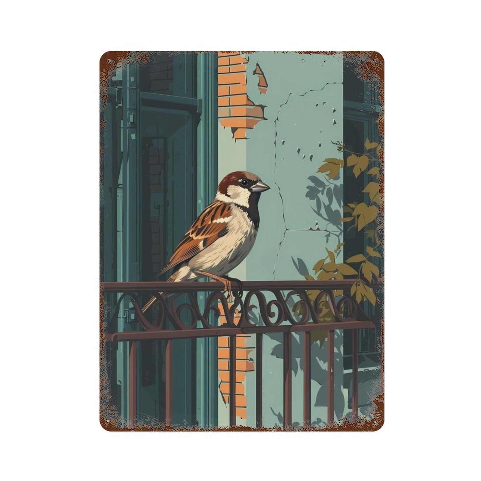 Sparrows Perched on Fence Vintage Metal Tin Sign 15.7"x11.8", Farmhouse Wall Decor for Living Room, Hallway And Home Decor
