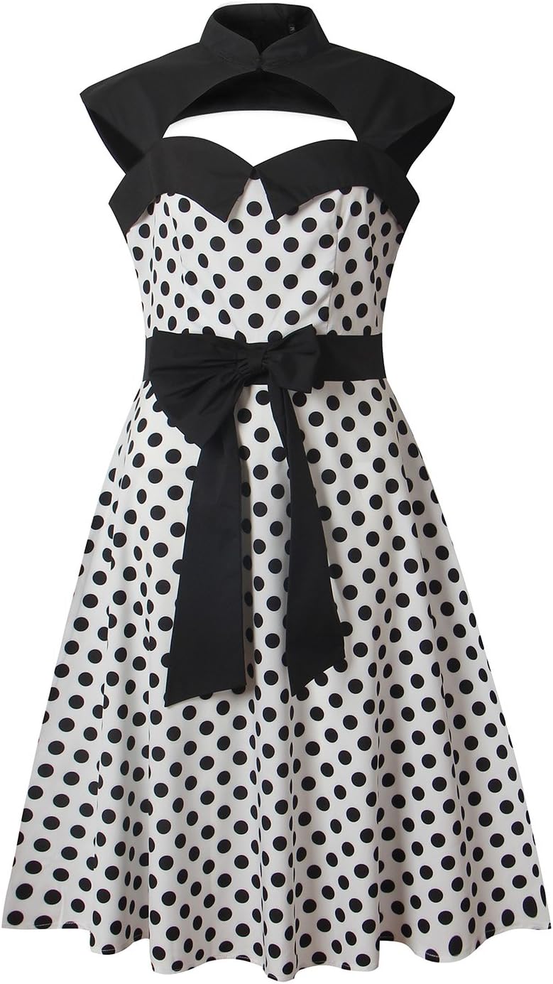 Budding Joy Women's Halter Polka Dots 1950s Vintage Swing Tea Dress (Medium, White & Black Dots)