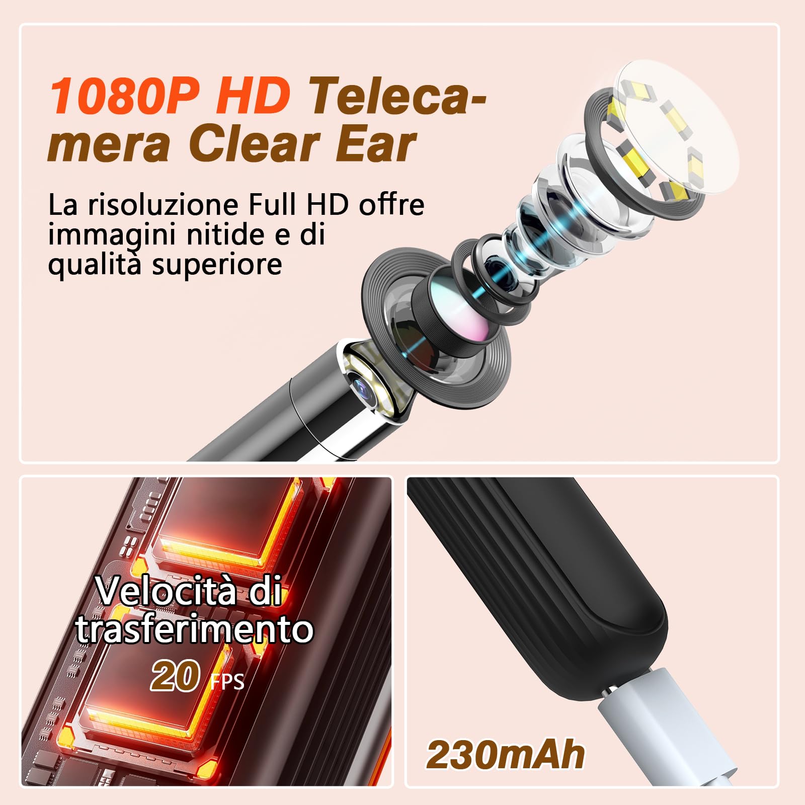 Pulizia Orecchie, 1080 HD Flessibile Otoscopio con Pinzetta, Lente Impermeabile IP67 Pulisci Orecchie, Otoscopio per Esami Di orecchie/Naso/Gola, Pulitore Orecchie Adatto ad Adulti e Bambini