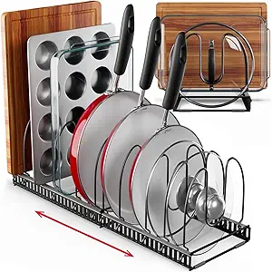 12+ Expandable Pan and Pot Lid Organizer Rack for Cabinet, Pot Lid Holder Pot Organizers Inside Cabinet, Pots and Pans Organizer Under Cabinet (Dark Grey, PAN & BAKEWARE)