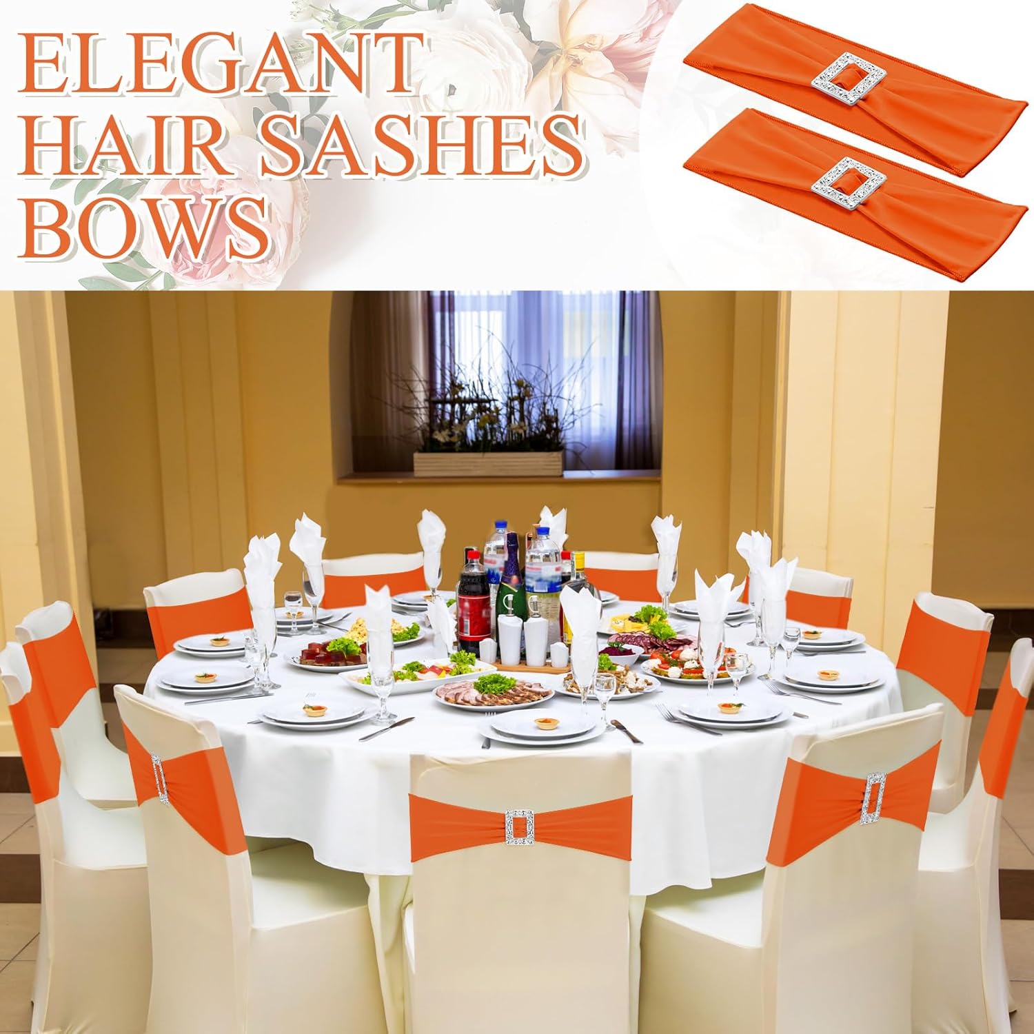 VitalCozy 100 Pcs Spandex Chair Sashes with Square Buckle Slider Stretch Chair Cover Band Universal Elastic Ties Straps Bows for Wedding Banquet Event Party Decoration(Orange)