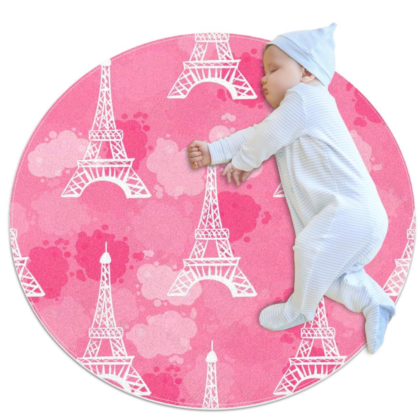 Tapis de salle de bain rond aquarelle rose Tour Eiffel 1m antidérapant chambre