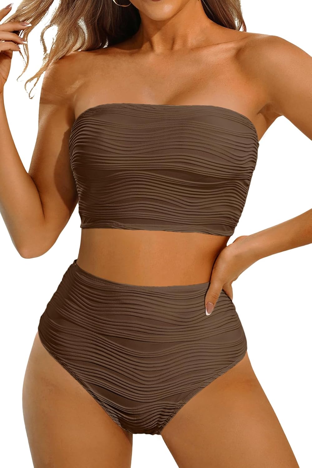 High Waisted Bandeau Bikini Set - Women Strapless Two Piece Swimsuits Ribbed Longline Full Coverage Bathing Suits Swimwear