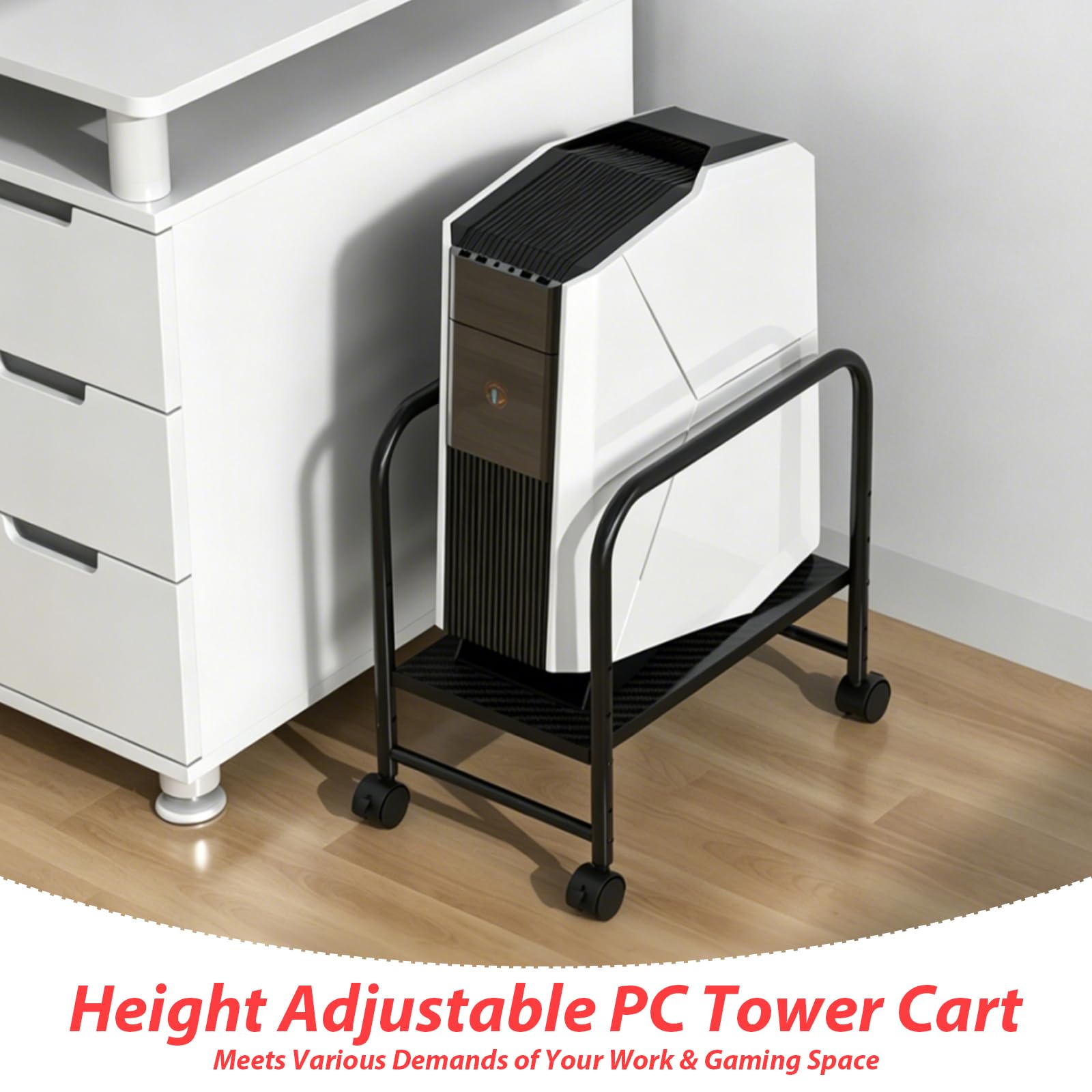 Verstellbarer PC Ständer mit Rollen, Höhenverstellbarer PC Tower Ständer für unter den Schreibtisch, PC Rollwagen mit 360° Lenkrollen, Passend für die meisten Mid-Tower, Max. Belastung 28 kg
