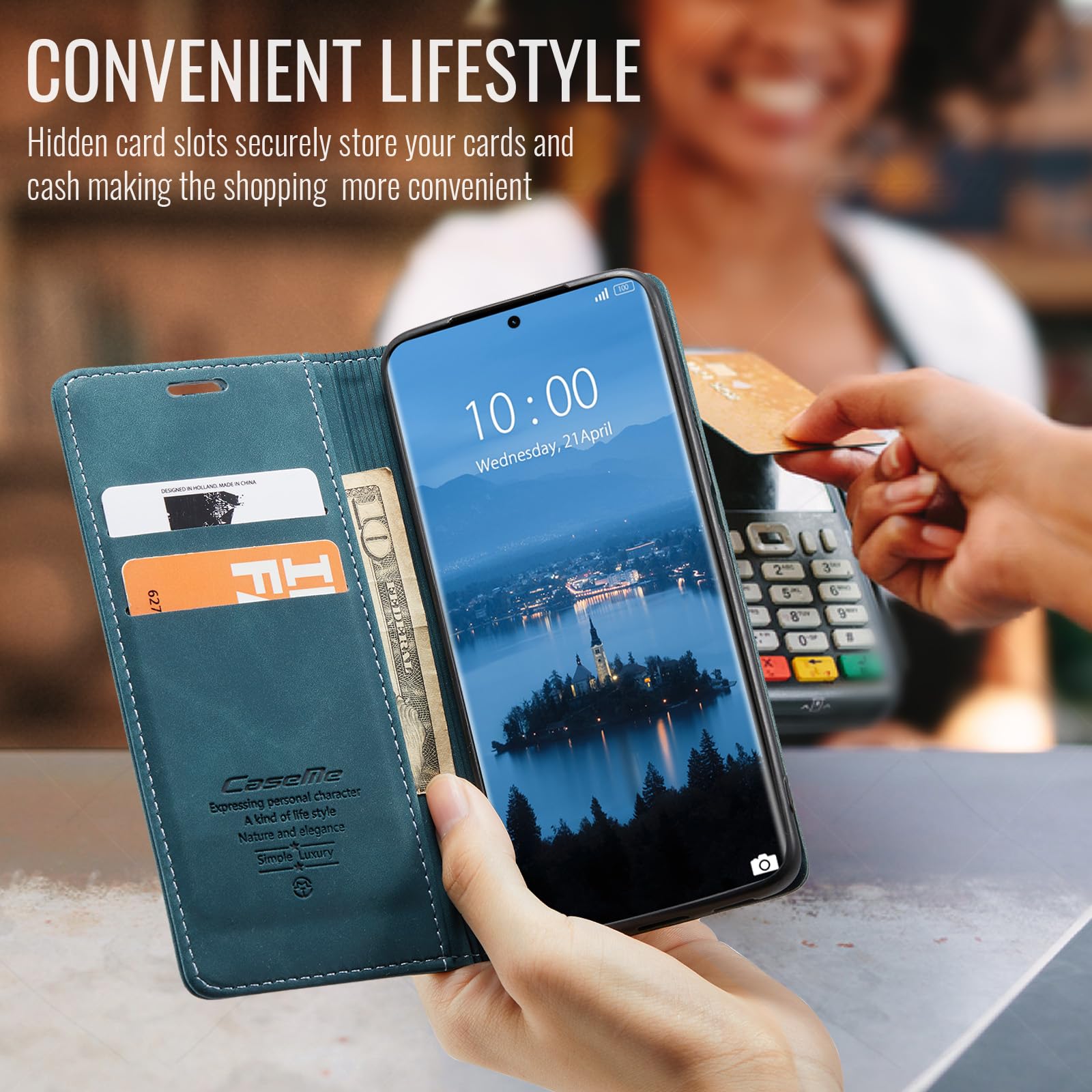 Cover Portafoglio KZB In Pelle Per Xiaomi Redmi Note 14 5G - Blu Verde, Magnetica, Porta Carte, Supporto