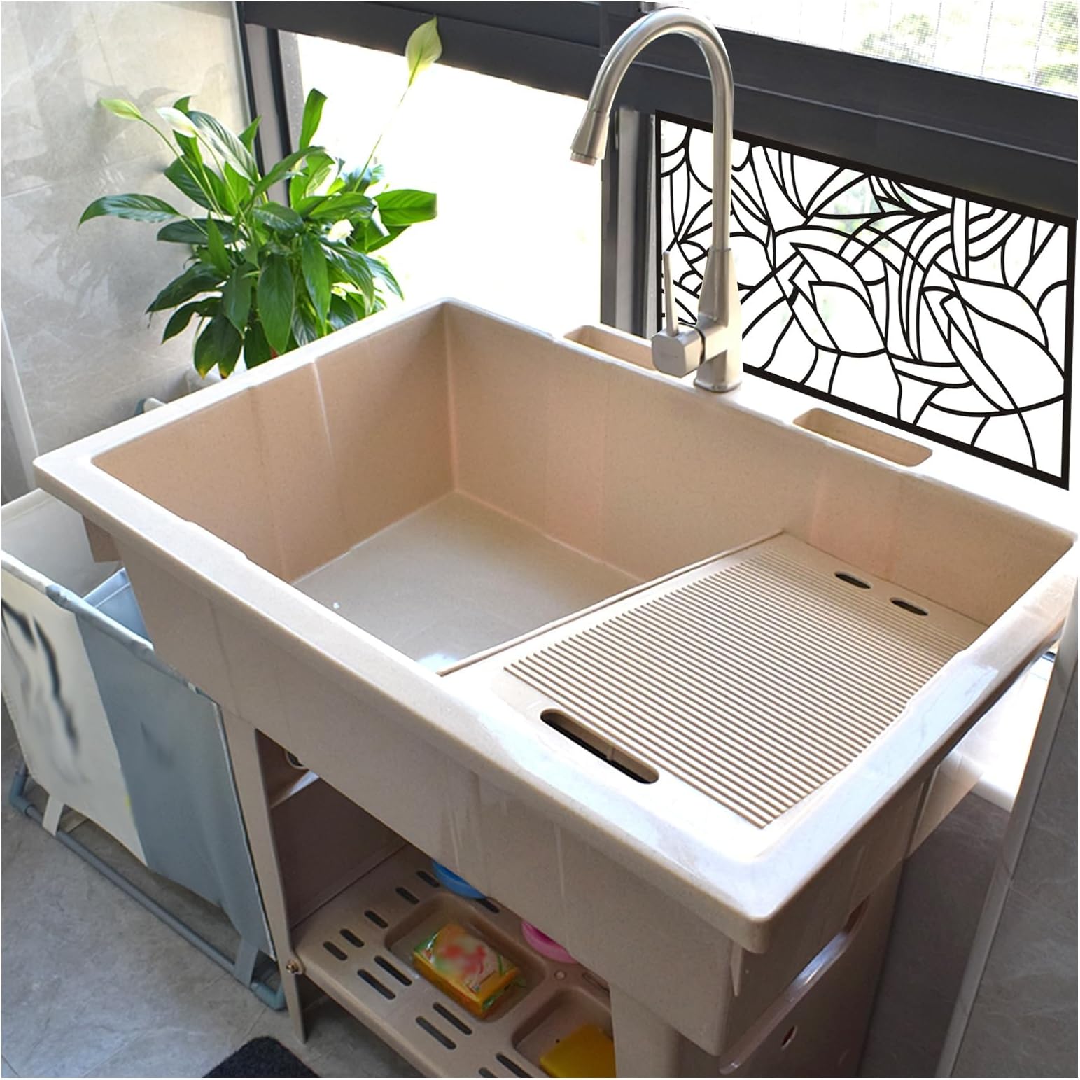 Beige Freestanding Plastic Sink with Hot & Cold Faucet - Portable Outdoor Hand Washing Station for Garage, Basement, Garden