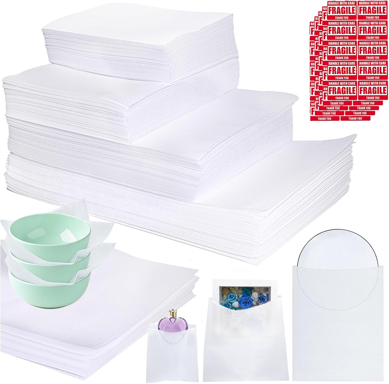 600Pcs Dish Packing Supplies for Moving,250 Cushion Foam Wrap Pouches & Sheets 4 Sizes (16x12", 12x12", 12x7.8", 7.8x7.8") with 350 Fragile Stickers, Cushion Foam Pouch for Moving, Packaging, Storage.