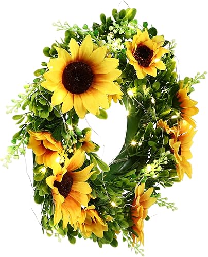 Guirnalda de girasoles con luces para puerta de Acción de Gracias, coronas de girasol, coronas de girasol para puerta delantera, corona de puerta