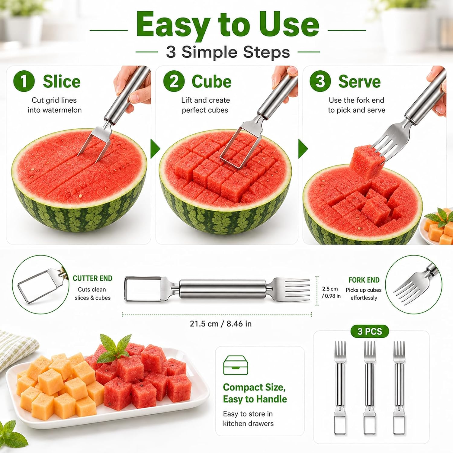 3 PCS Watermelon Cutter, 2-in-1 Watermelon Slicer & Fork, Stainless Steel Watermelon Cube Cutter Tool, Portable Dual-Head Melon Fruit Slicer Tools for Home Parties, Picnic, Camping and Kitchen Gadgets