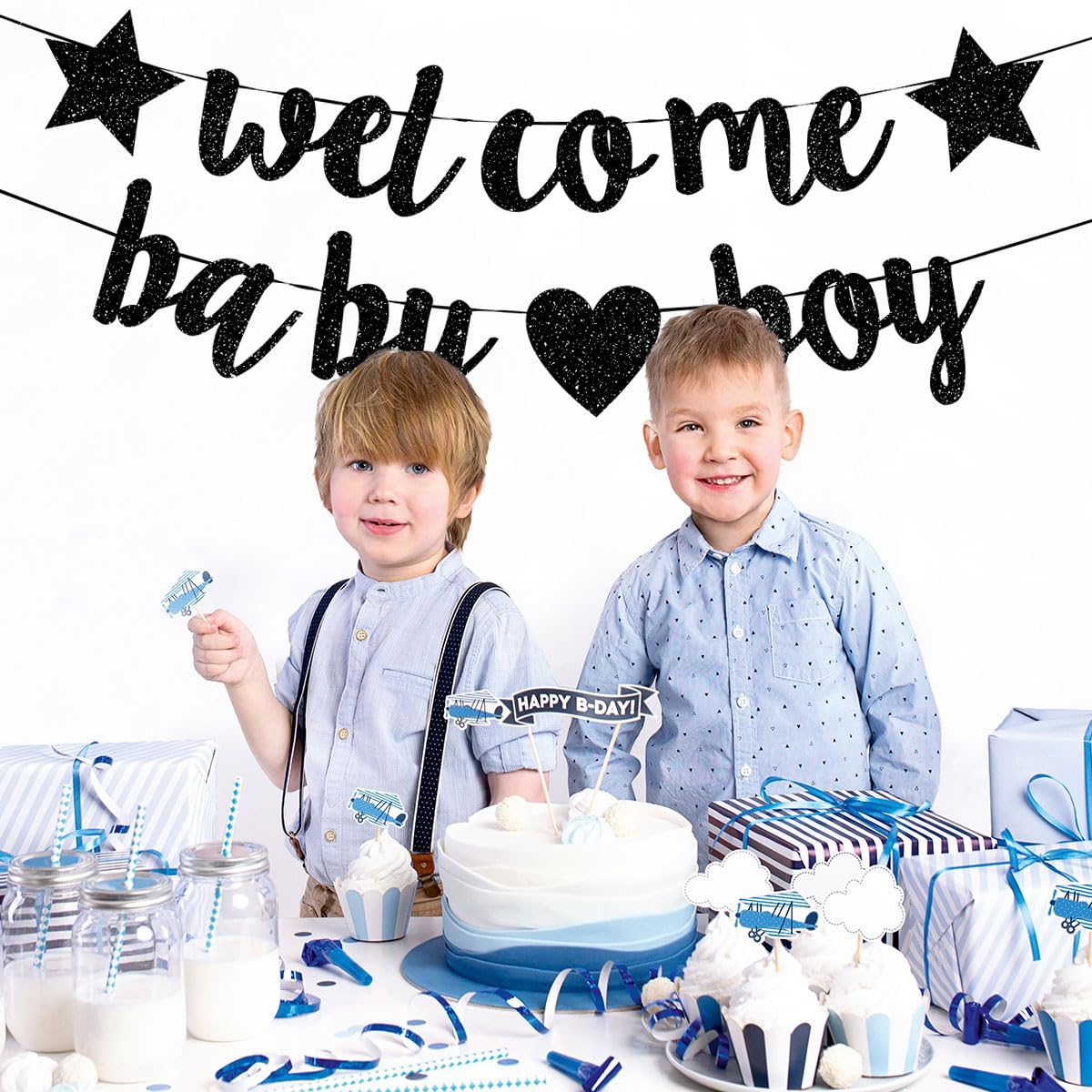 Decoraciones de baby shower para niños, pancarta de bienvenida con purpurina, banderines colgantes para fiesta de cumpleaños recién nacido, color negro