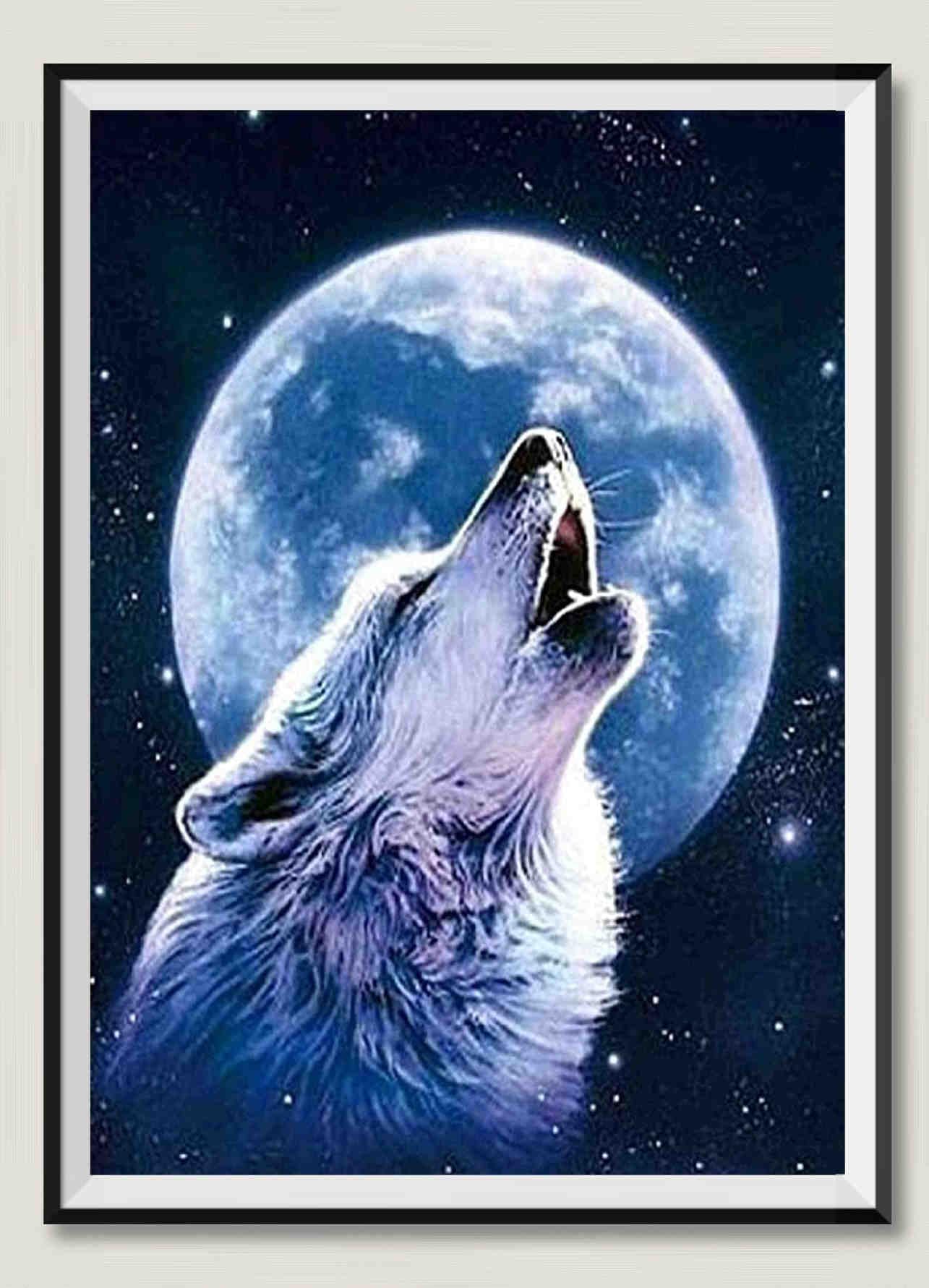 no.120 白翡翠の月と遠吠えのオオカミ 月と白狼』オオカミアートパネルA3サイズ