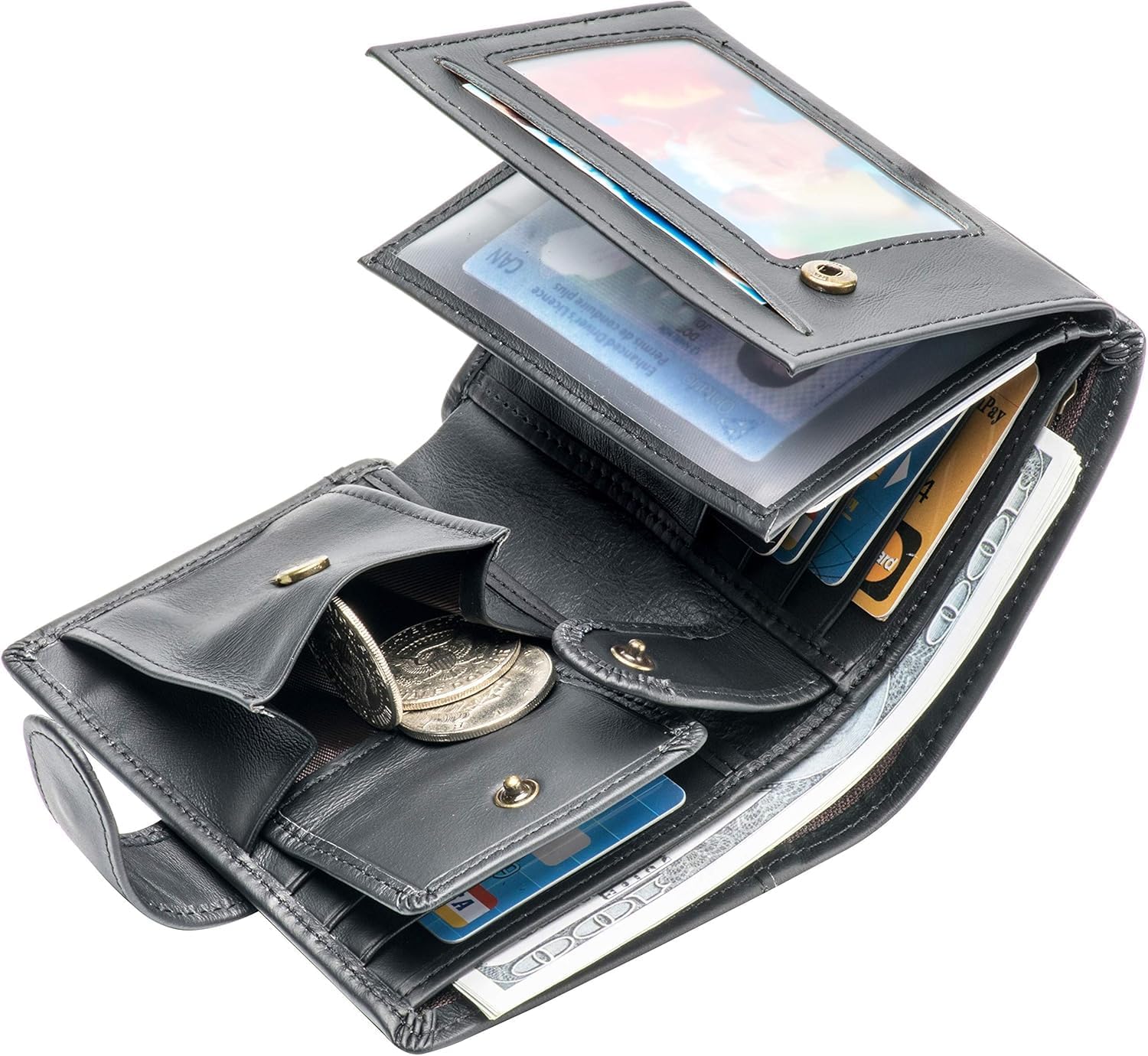 Mens Large RFID Blocking Genuine Leather Wallet Trifold Card Holder with Snap Closure and 3 ID Windows (Black) - Image 4