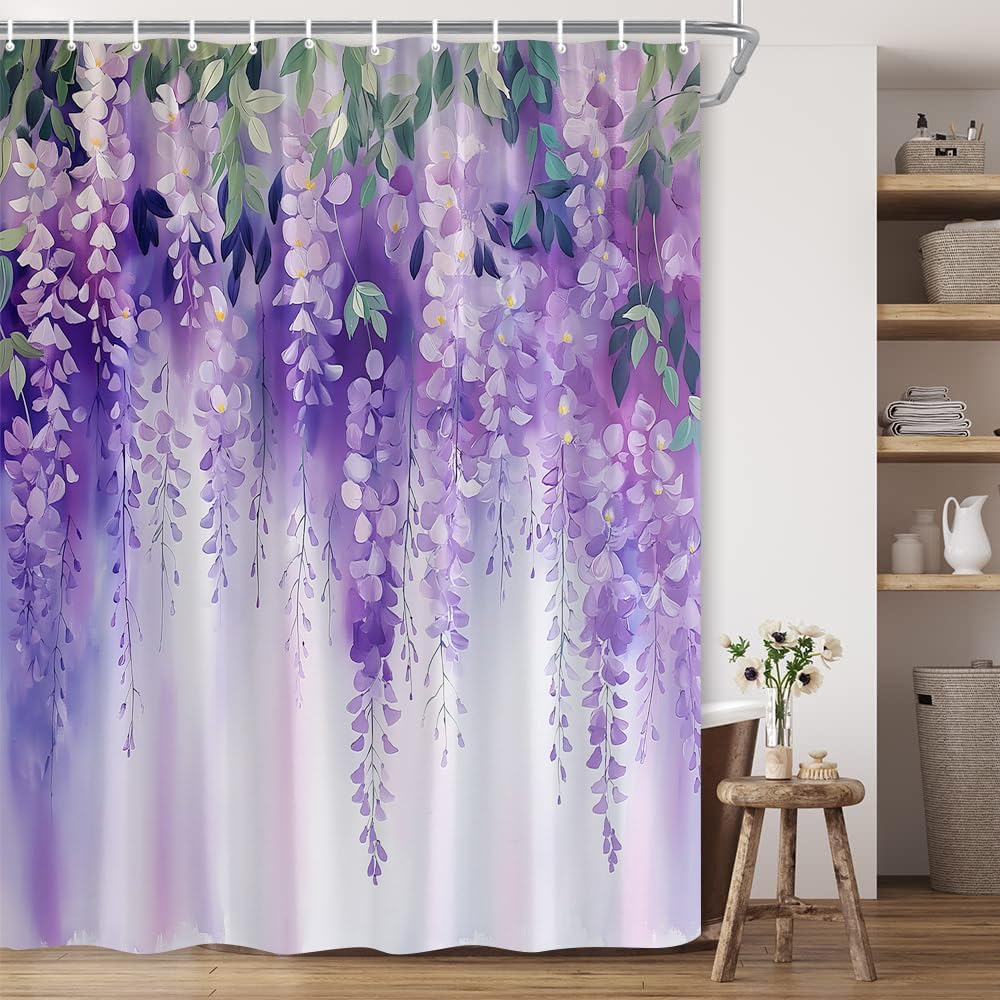 Purple Floral Lavender Flower Shower Curtain Spring Watercolor Weeping Wisteria Blossom Vine Green Leaves with Ombre Dreamy Colors Girly Woman Polyester Fabric Bathroom Decor 70×78 Inch with Hook