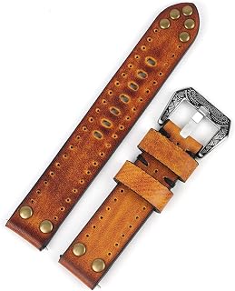 KEIOMI 18mm 20mm 22mm 24mm Vintage Leather Watchbands Rivet Leather Watch Strap Replacement Carving Strap Watches Accessorie Watch Wristband (Color : Yellow, Size : 24mm)