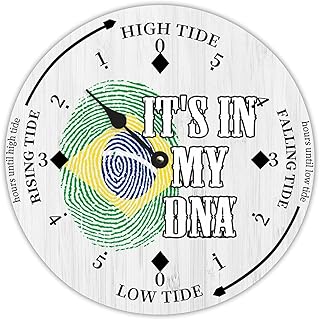Rustic Wood Tide Clock Brazil It's in My DNA Flags Ocean Time Wooden Clock Wood Moon Tidal Clock for Wall High and Low Tide Movement Clock for Seaside House Cottage Hotel Camping 10x10 in