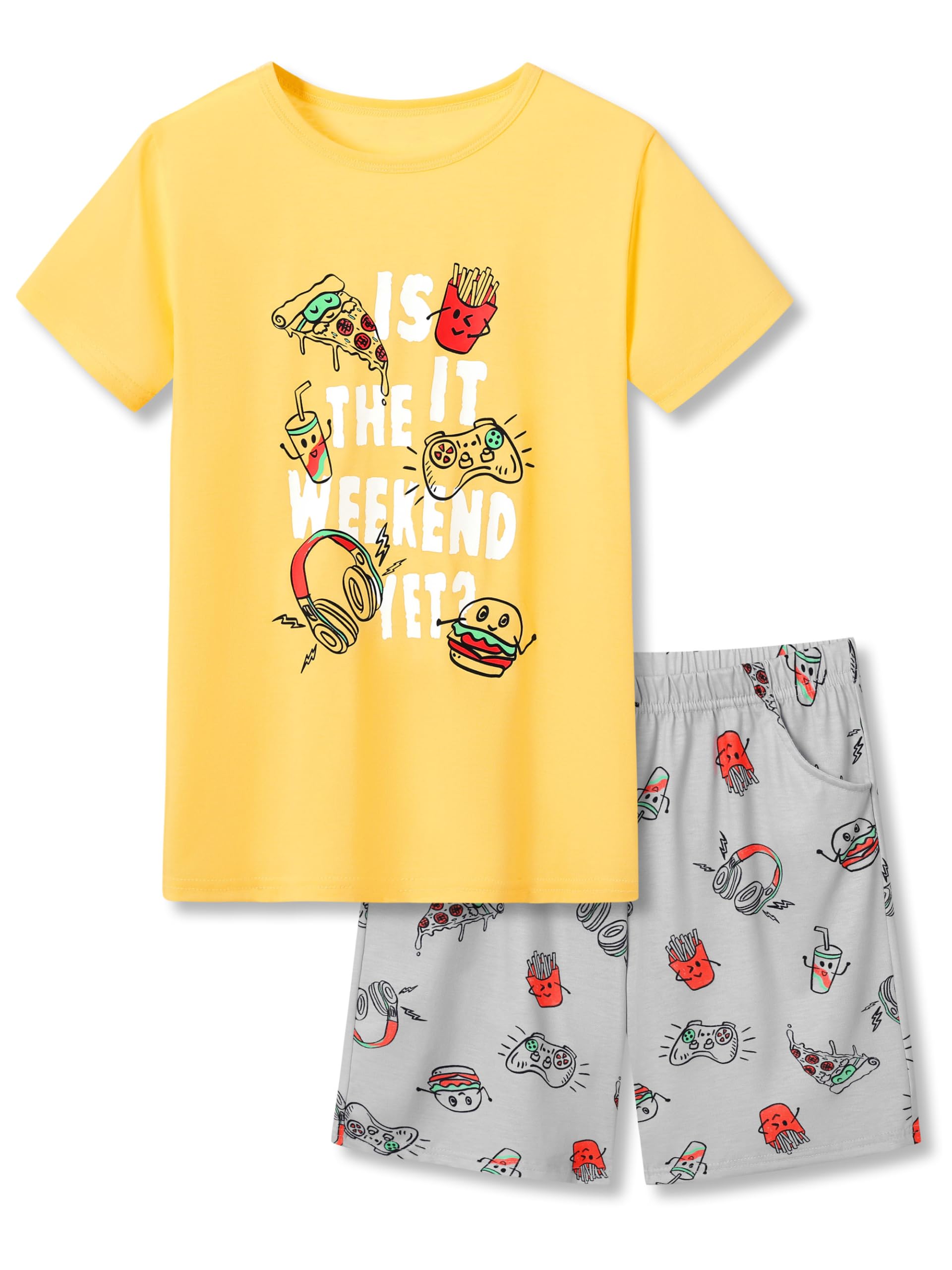 Beezizac Big Boys Pajamas Teal & Navy Face 2-Piece Fun Short Sleeve PJ Set Kid Cozy Sleepwear Children Size 6-18