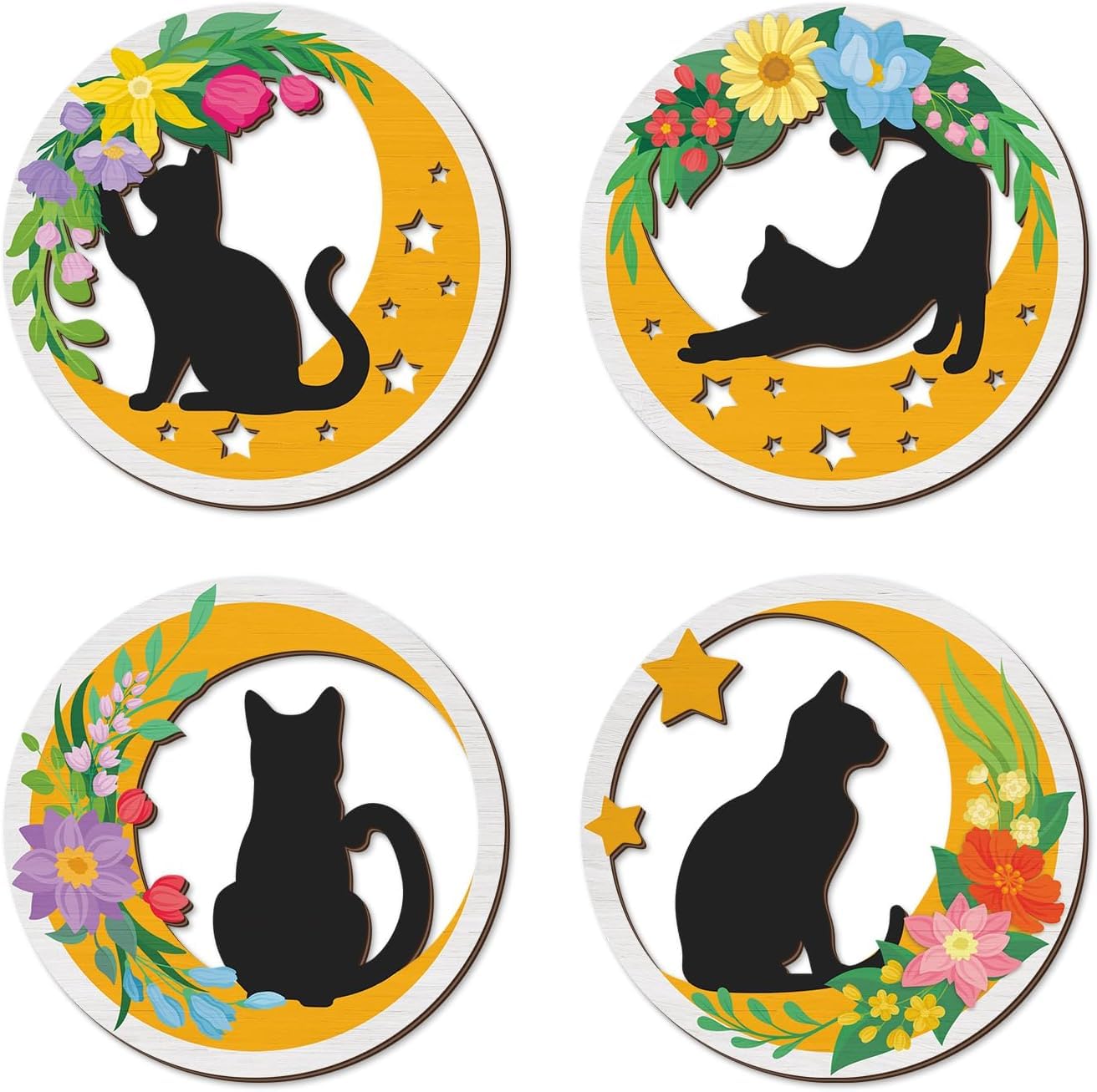 TOARTi Boho Cat Moon Floral Black Cats Minimalist Botanical Wall Plaque