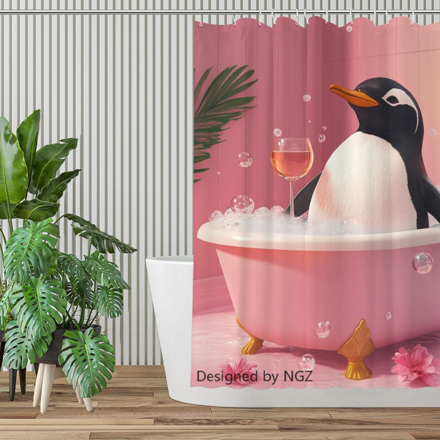 NGZ Funny Penguin Shower Curtain, SPA Penguin with Wine, Pink Shower Curtain, 72x72 Inches Floral Shower Curtains for Bathroom, Bath Curtains Set with 12 Hooks