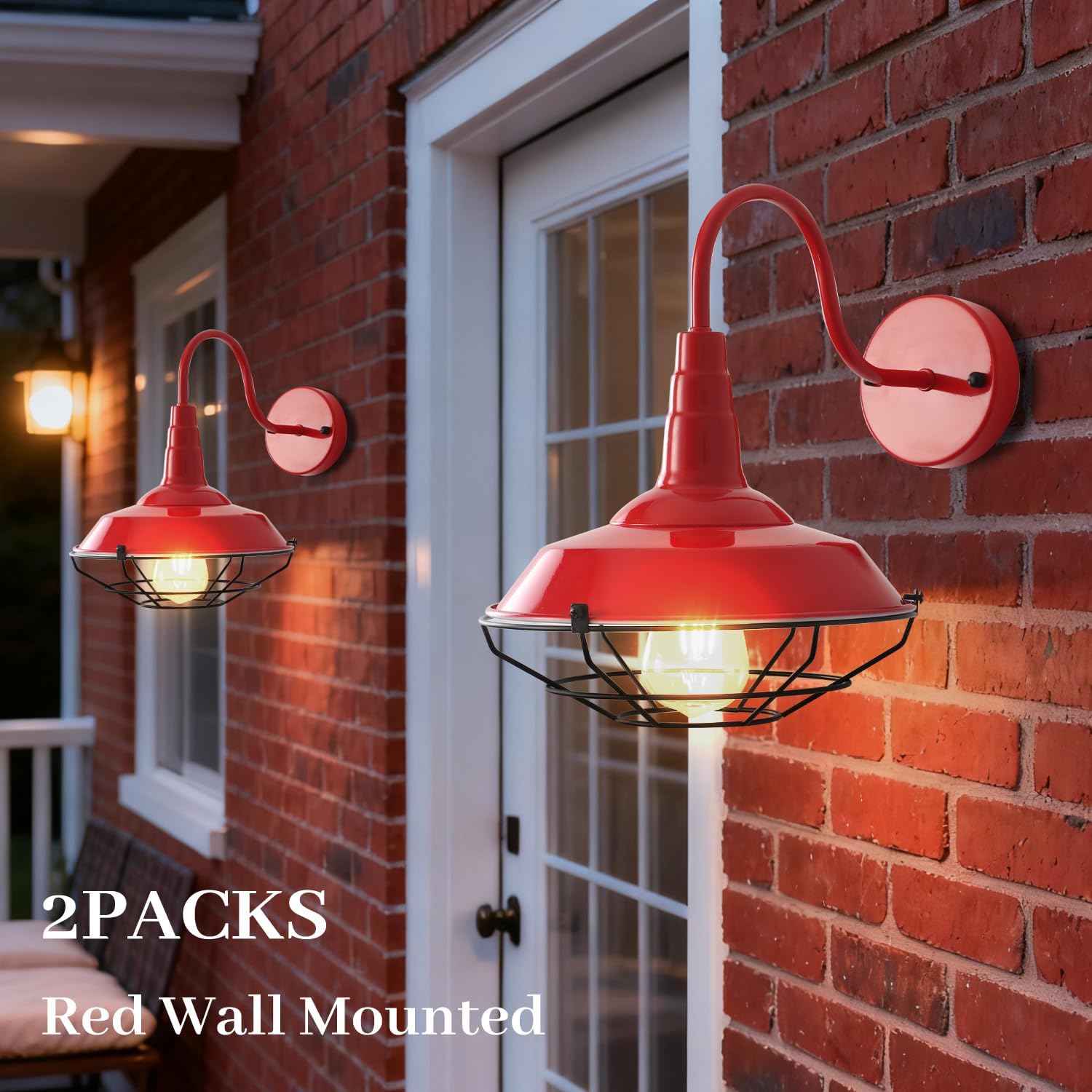 Outdoor Gooseneck Barn Light 2 Pack, Farmhouse Rustic Exterior Wall Sconce, Outside Vintage Metal Cage Light Fixture for Front Door, Industrial Red Wall Mount Lantern Waterproof for Proch Patio Garage