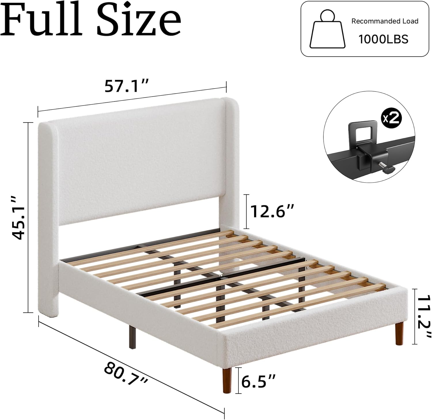 Full Boucle Upholstered Platform Bed Frame with Adjustable Wingback Headboard, Cloud Bed with Solid Wood Legs, No Box Spring Needed, Easy Assembly, White