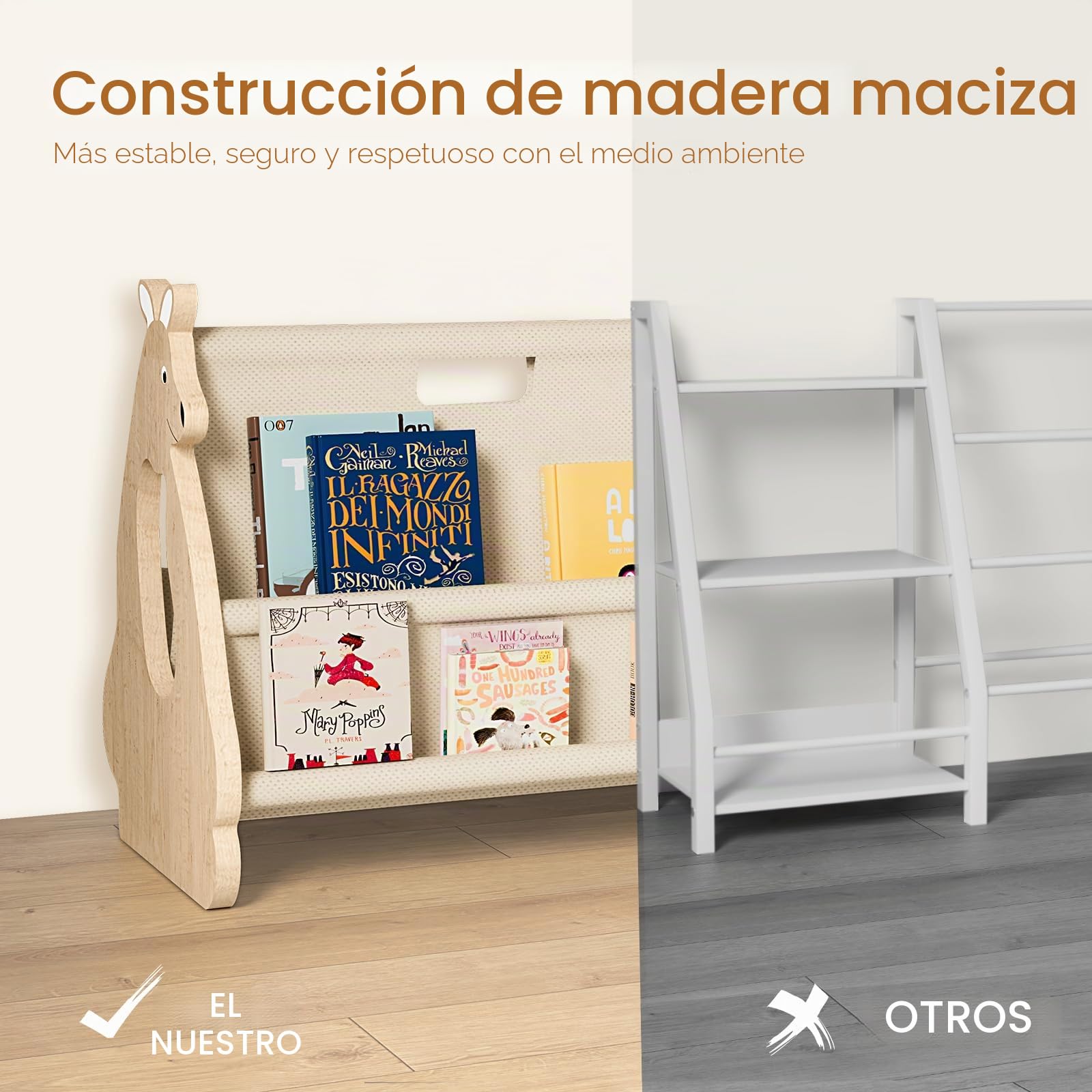 Montessori Librería infantil de madera FSC, portátil, pequeña