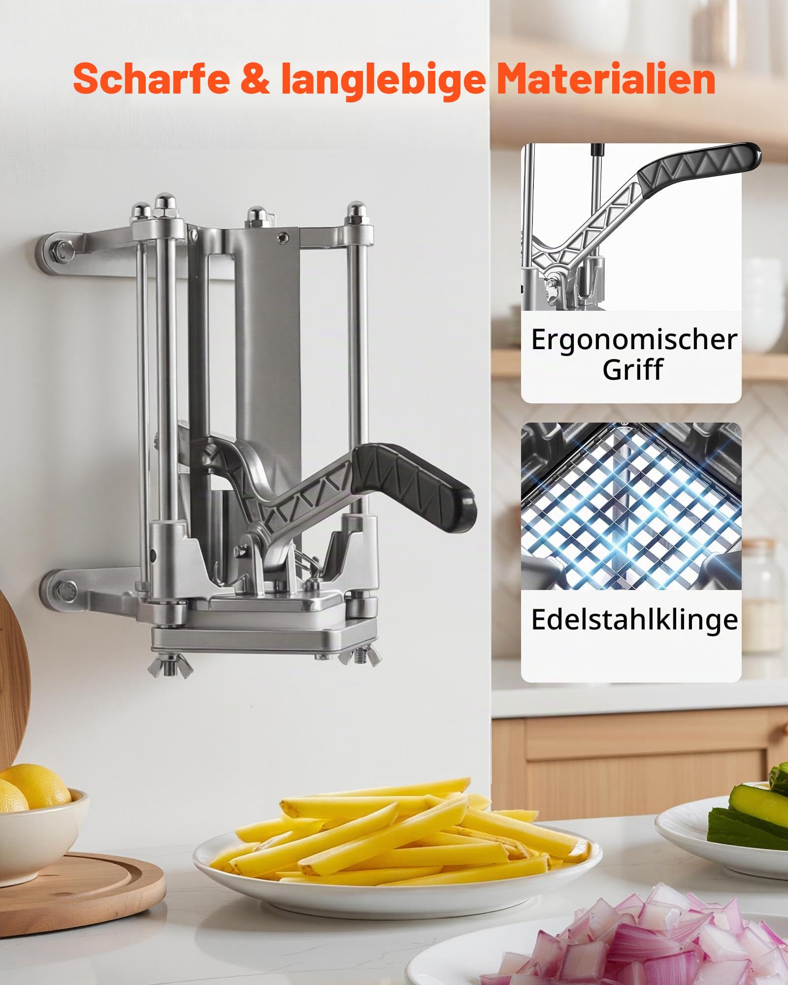 VEVOR Pommes-Frites-Schneider, Kartoffelschneider, Pommesschneider, Frittenschneider mit Ersatzklingen (1/4, 3/8 Zoll Klinge), Obstteiler & Apfelentkerner, Edelstahl 420J2, Wandmontage