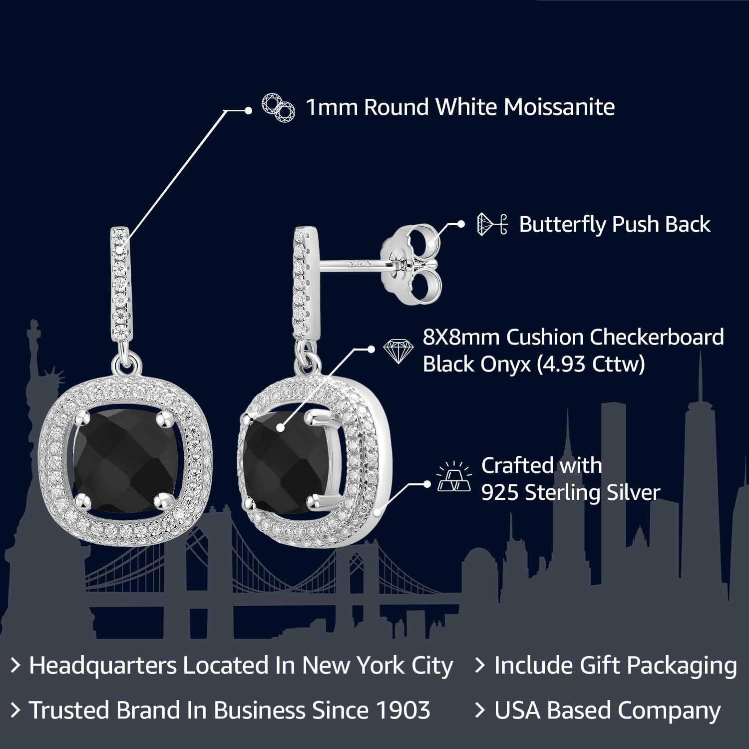 Gem Stone King 4-6 Cttw Gemstone Birthstone and White Moissanite Drop Dangle Earrings For Women | 8MM Cushion Cut | 925 Sterling Silver | Fine Jewelry Gifts for Her Mom Women Wife - Image 2