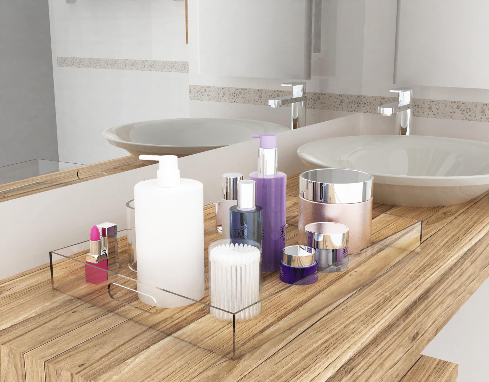 Lote de 2 Bandejas de Servicio de Acrílico Transparente Con Asas - Plástico Para Cocina, Comida, Organizador de Mesa, Joyas, Llaves, Baño y Cosmética