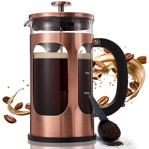 BAYKA 34 Ounce 1 Liter French Press Coffee Maker, Glass Classic Copper Stainless Steel Coffee Press, Cold Brew Heat Resistant Thickened Borosilicate Coffee Pot for Camping Travel Gifts