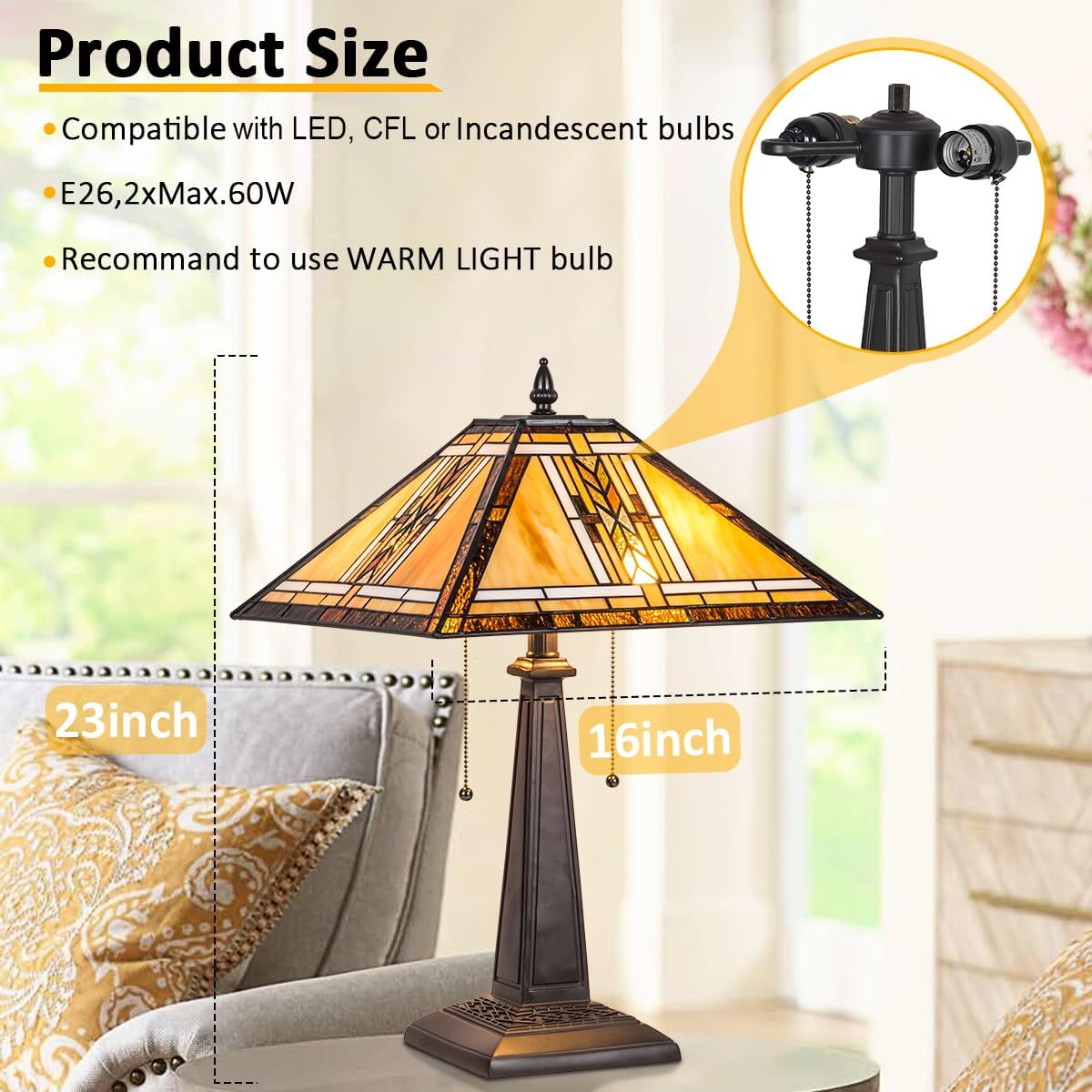 Tiffany Table Lamp,Mission Style Stained Glass Table Light,Antique Style 16 inch Large Desk Lamp,2 Lights Vintage Beside Reading Lamp for Living Room Bedroom Office