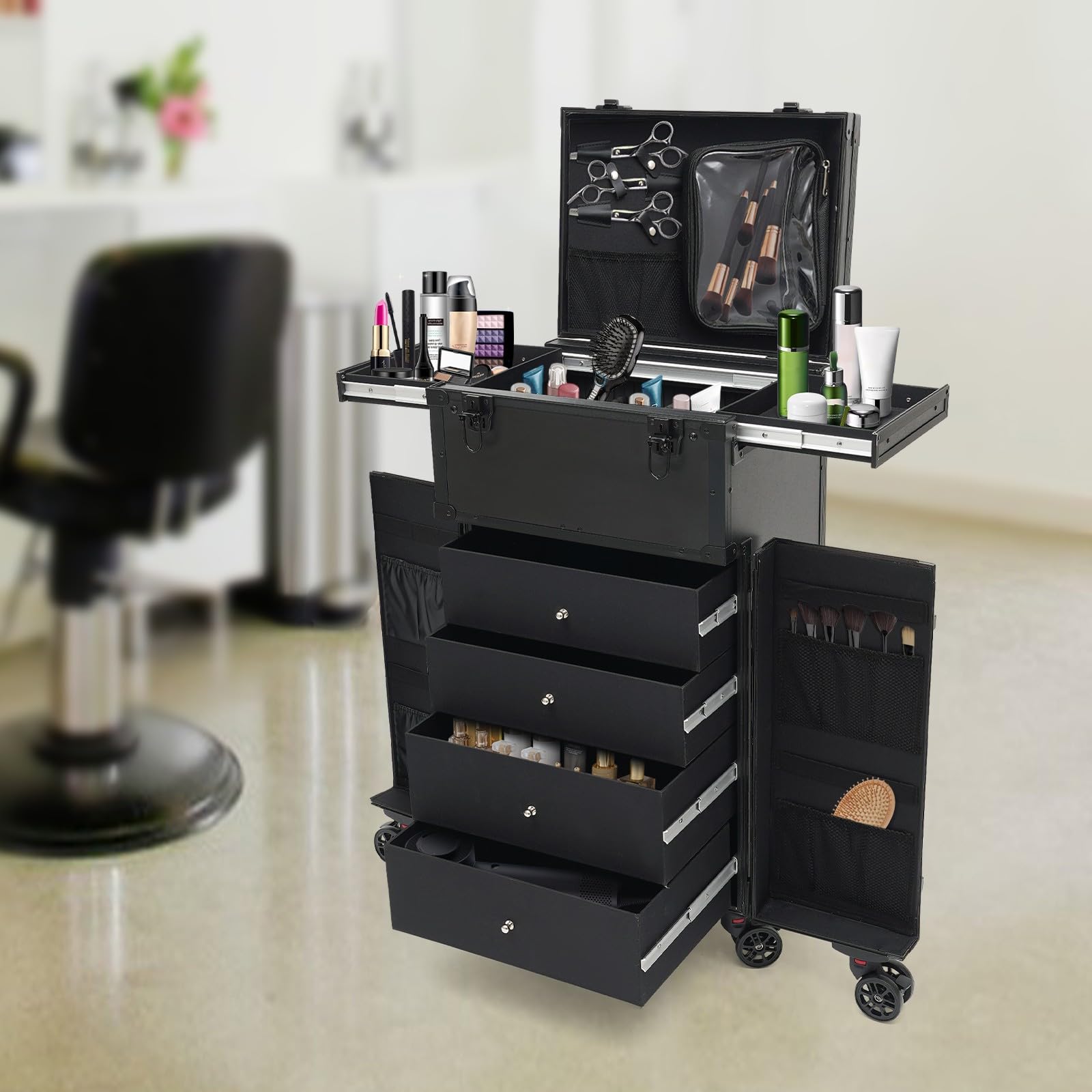 Makeup Koffer Kosmetikkoffer Schminkkoffer Groß Visagistenkoffer Beautycase Beauty Koffer für Make-up Artist Friseurkoffer Aluminiumlegierung mit 6 Universalrädern 4 Schlüsseln