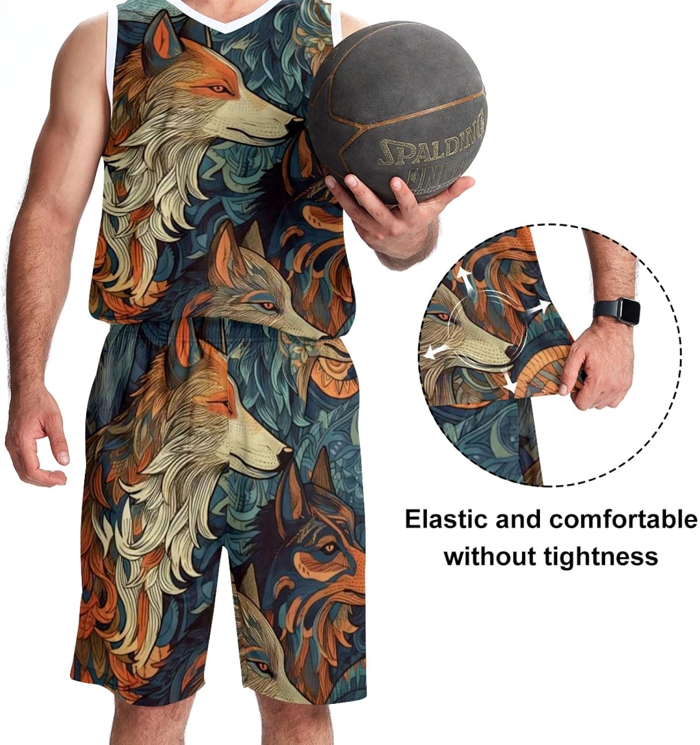 Men's Basketball Jersey Set Vintage Wolf Pattern Jersey Shorts with Pockets Sportswear for Men Adults Kids 5XL