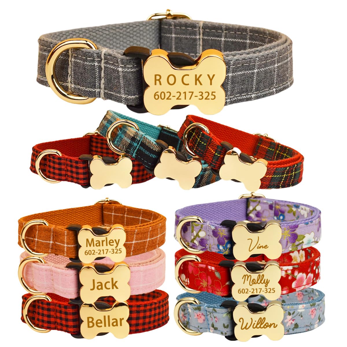 Personalised Dog Collar with Custom Name Tag Adjustable Polyester Velvet Puppy Collar Engraved Pet ID Soft Durable Collar for Small Medium Dogs Optional Matching Lead Gift for Pets (Bone Series)