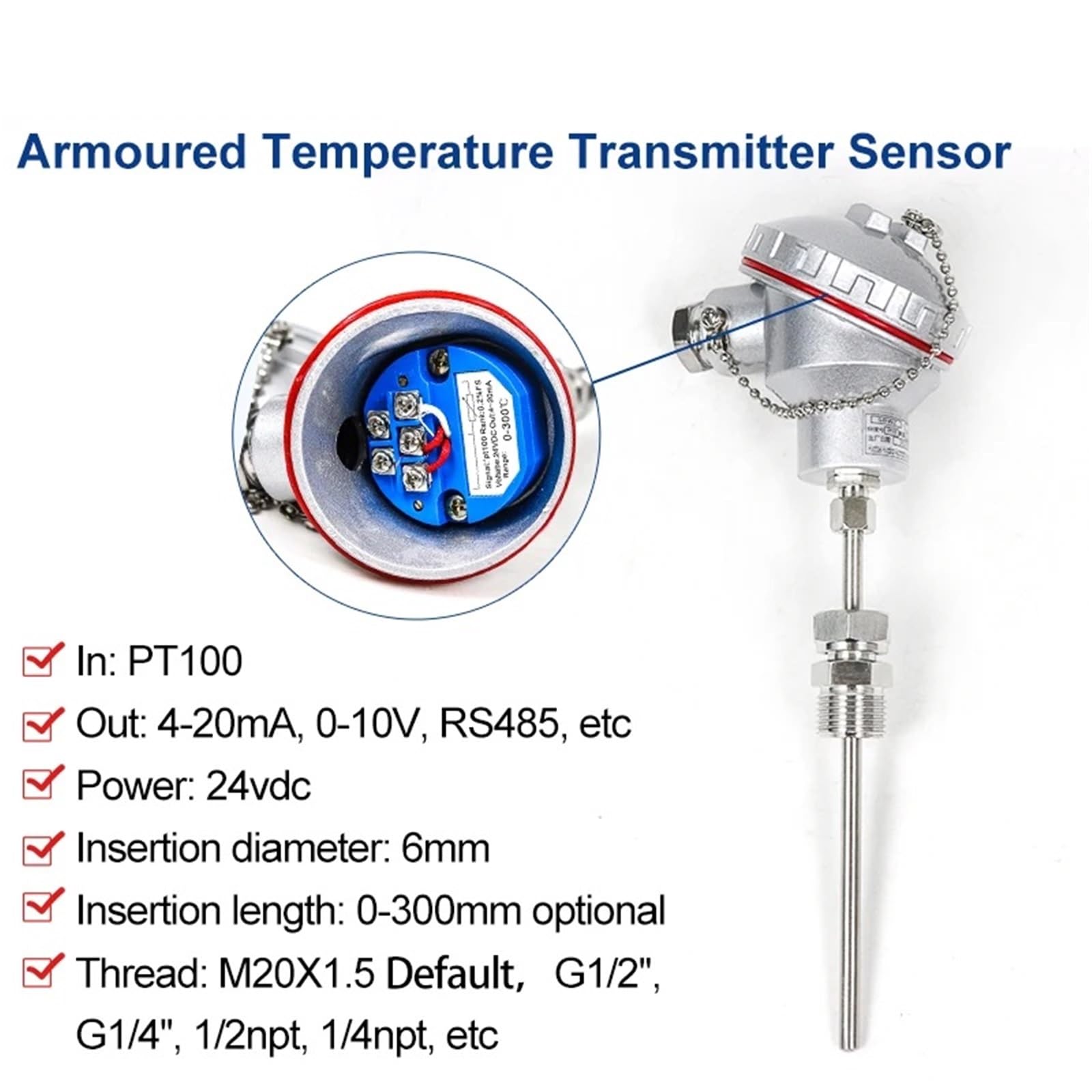 Termopar blindado PT100 J Transmisor de temperatura tipo K M20X1.5 Resistencia térmica TC RTD Sensor 4-20ma 0-5V RS485 (0-120 d4-20mA-L250mm)