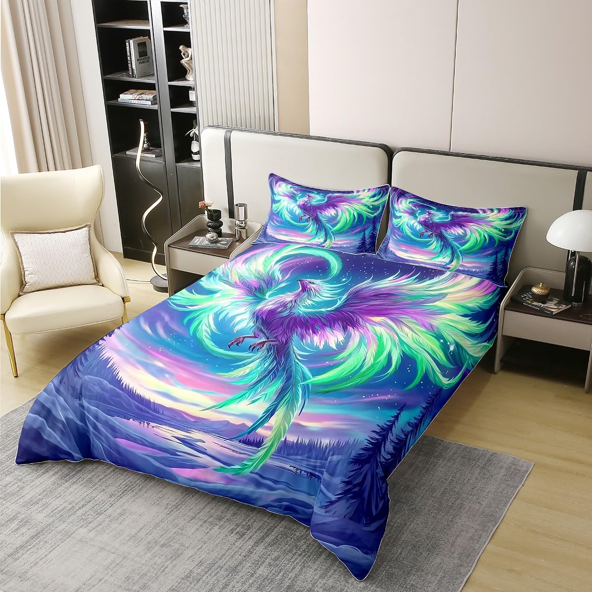 Phoenix Duvet Cover Twin Size for Kids Boys Teens,Mysterious Bird Colorful Feather 2 Pieces Duvet Cover,Watercolor Starry Sky Comforter Cover (Not Comforter),Exotic Wild Birds Quilt Cover