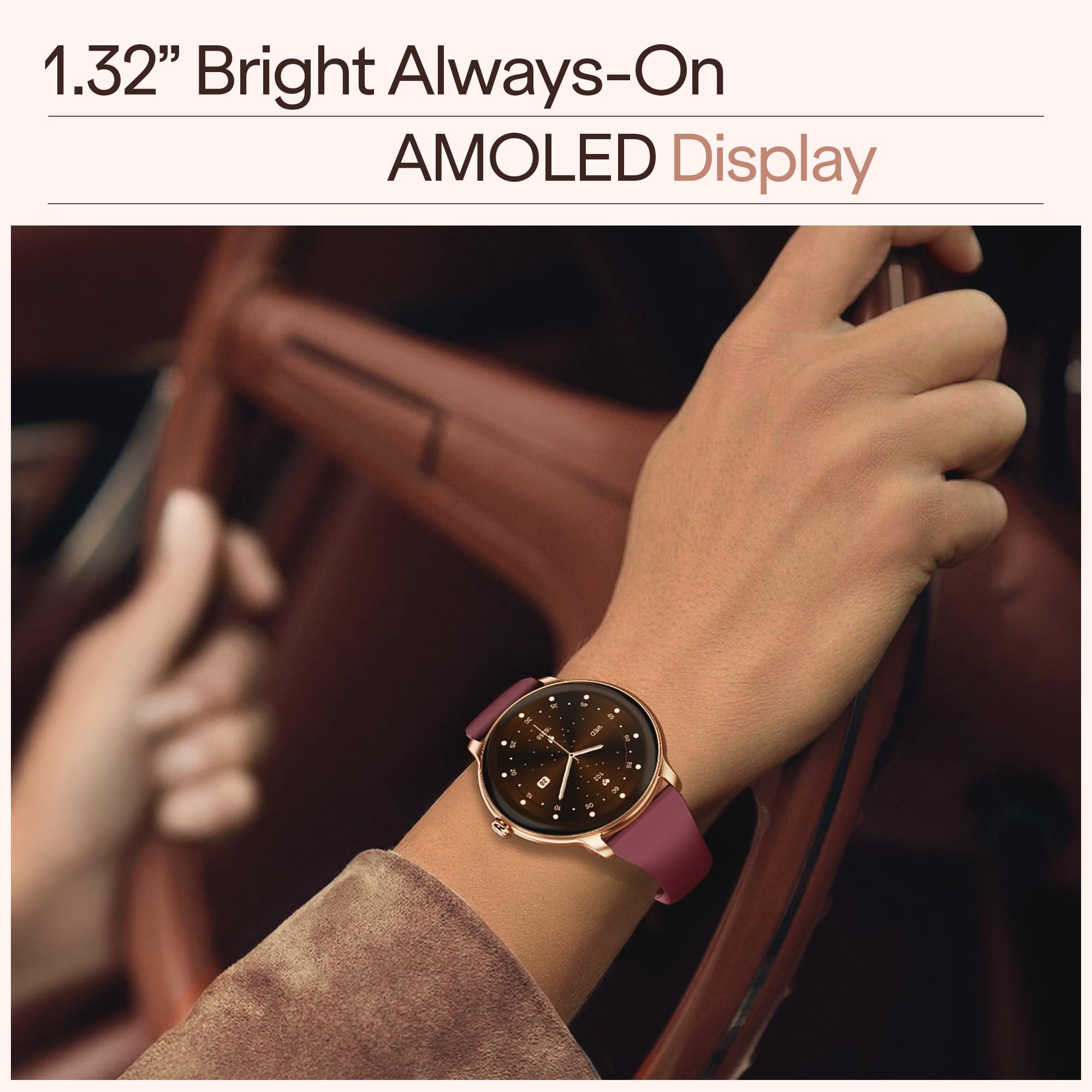 boAt Chrome Iris Fashion Smart Watch for Women - Elegant Ultra-Sleek Dial, Light-Weight Metal Body, 1.32" AMOLED Display, 1000 Nits, AOD, Female Wellness Tracking Watch for Woman (Velvet Wine) — Amazon image 3