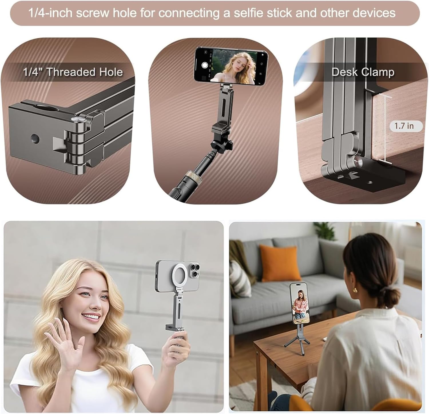 Magnetic Tripod Phone Stand, Adjustable Foldable Aluminum Alloy Megnet Cell Phone Tripod Holder with Universal 1/4 Screw Interface for iPhones and Androids with Magnetic Ring
