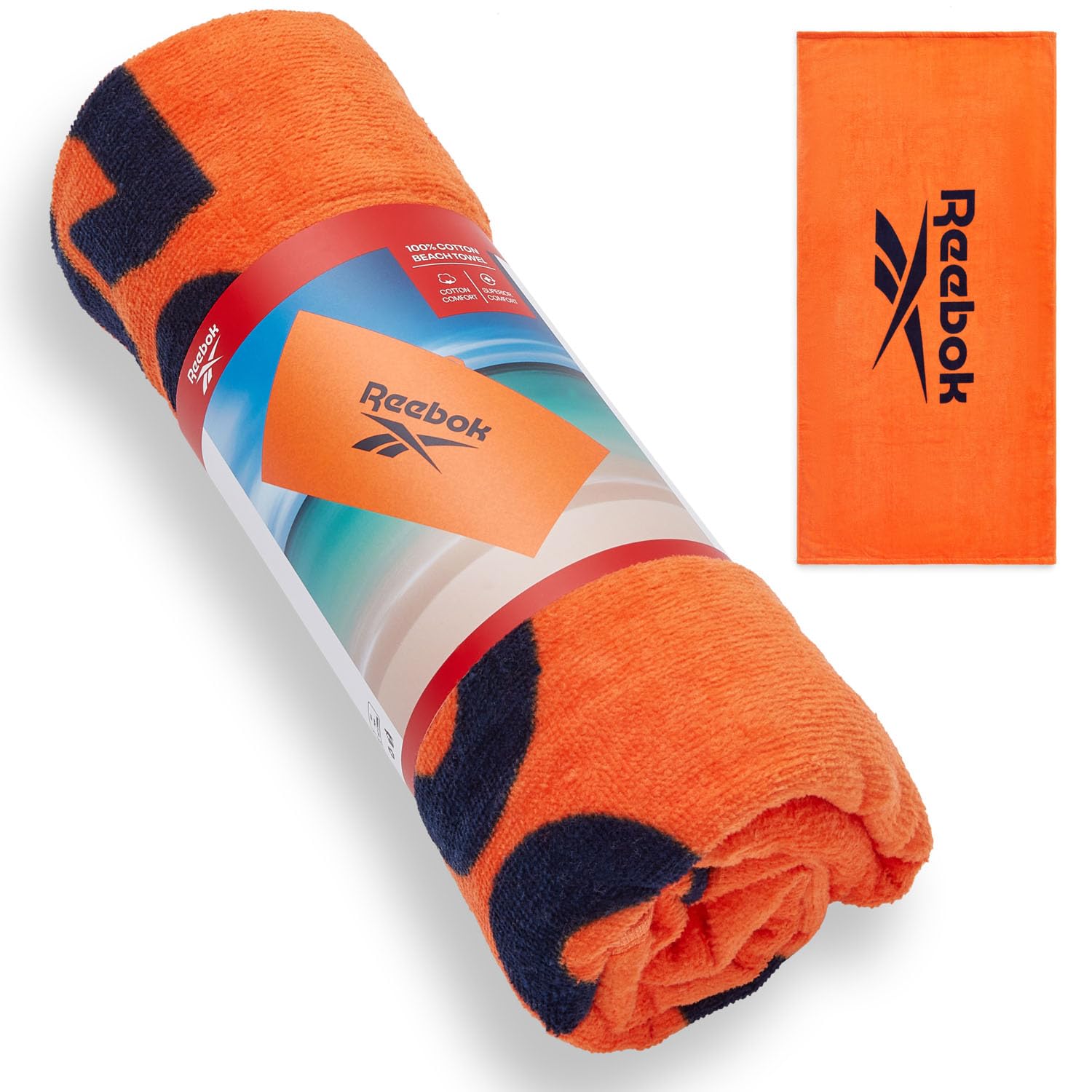 Reebok Positano Beach Towel | Cotton Beach Towel with Velour Facing | Large Beach Towel for Adults |Quick-Dry & Soft | For Pool, Sun Lounger & Holiday Essentials | 70 x 140cm | Arena Orange