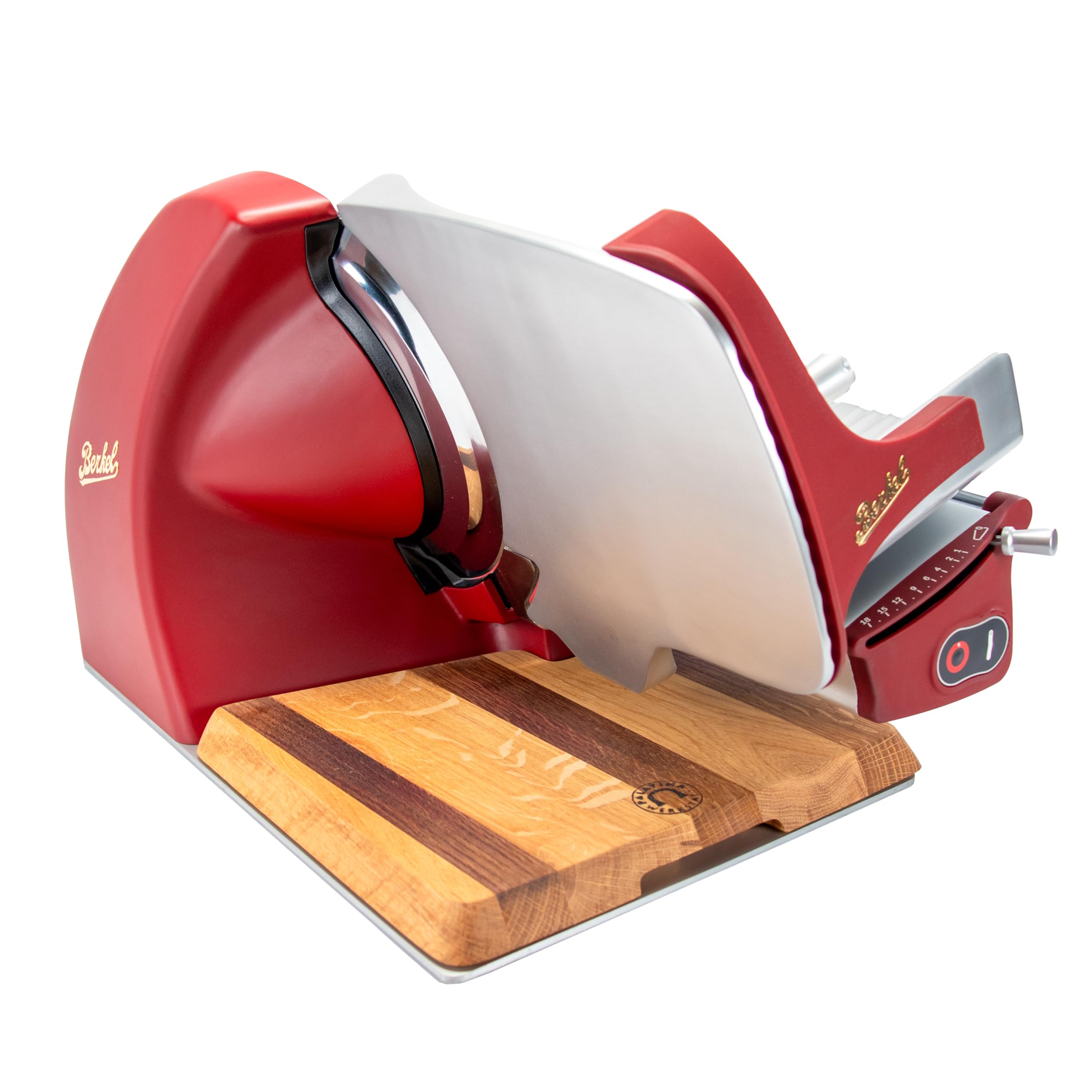 Berkel Home Line 250 Plus Trancheuse à charcuterie, électrique et compacte, rouge mat, idéale pour le prosciutto, les légumes et le fromage, avec planche en bois de qualité supérieure