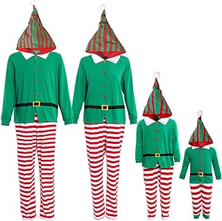 IFFEI Family Matching Christmas Pajamas Set One Piece Striped Hooded Sleepwear Santa Claus Elf Onesie Outfit