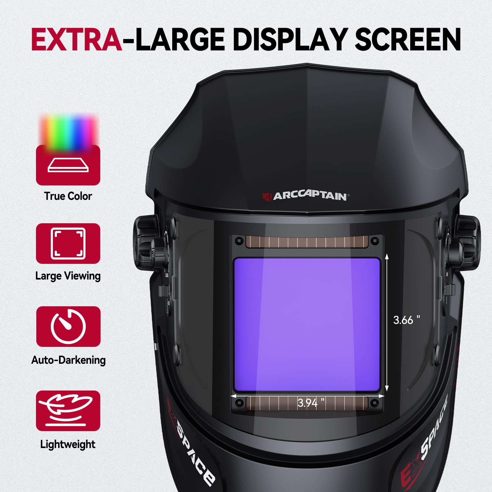 ARCCAPTAIN Casco per saldatura da 3,94 "x 3,66", oscuramento automatico, chiarezza ottica 1/1/1/1, grande schermo di visualizzazione Cappa per saldatura ad energia solare con 4 sensori ad arco, ampia