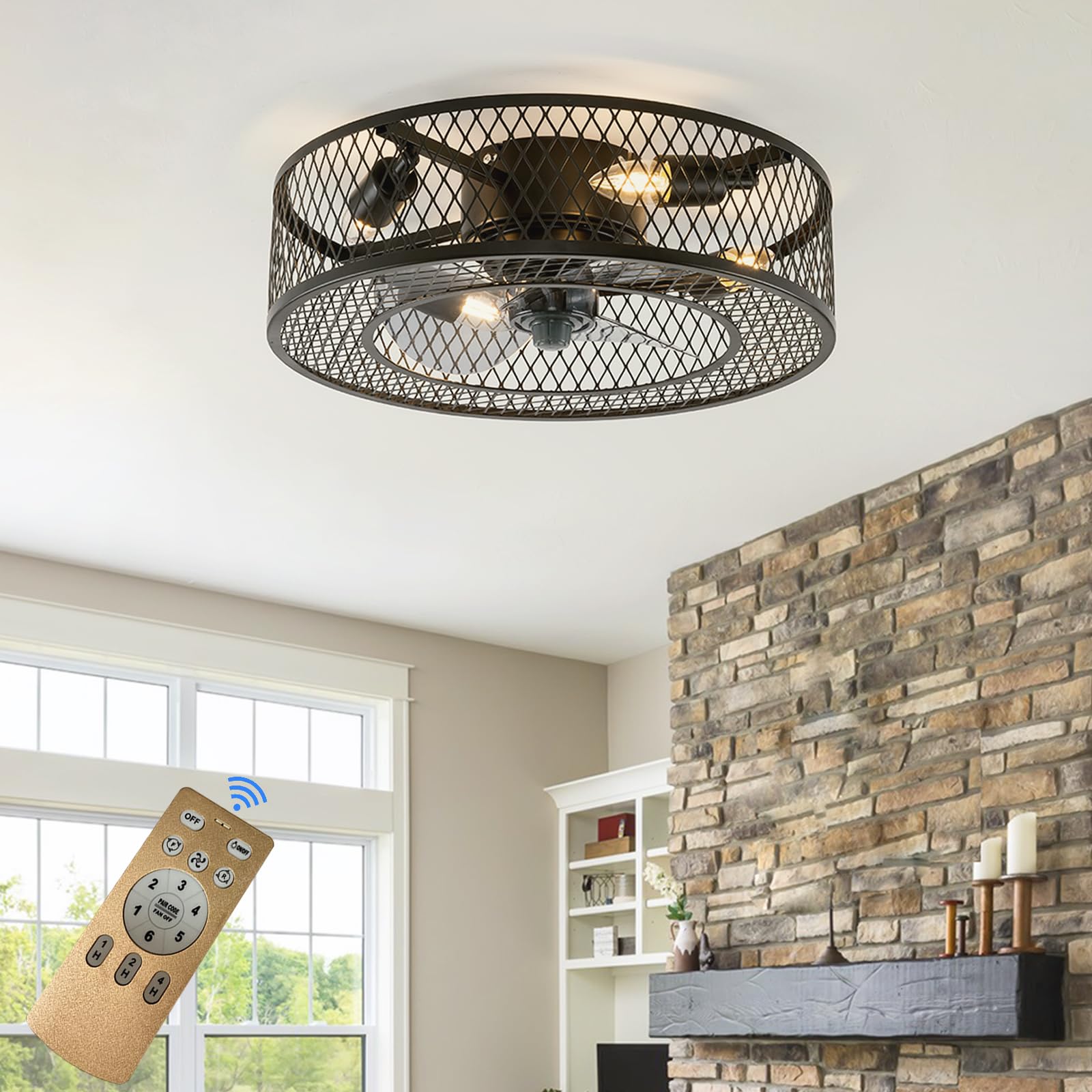 Lampadario Con Ventilatore A Soffitto Industrial Design Gabbia Ferro - 6 Velocità, Telecomando, Funzione Estate/Inverno