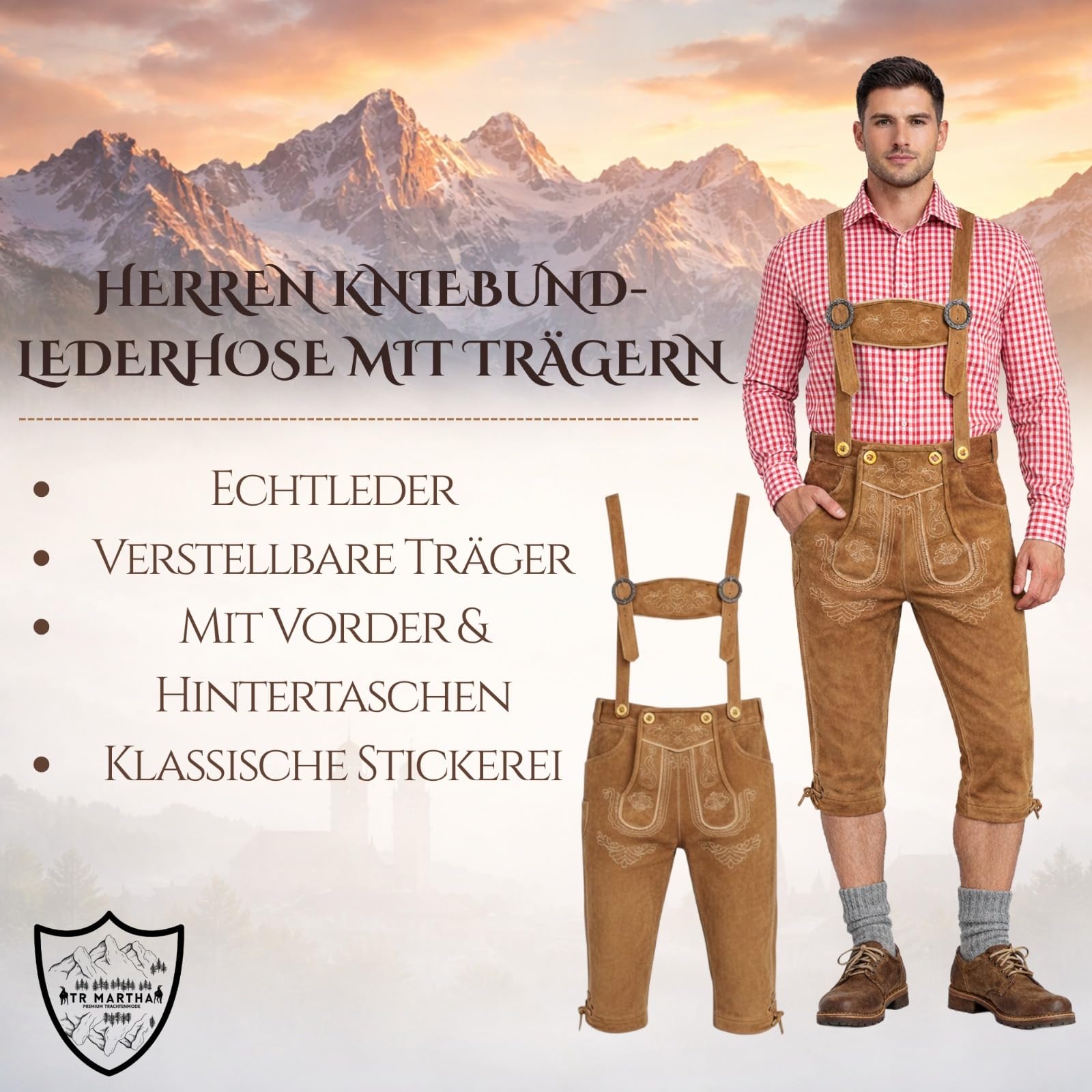 Premium Leder-Kniebundhose für Herren - Gr.46-60 -Trachten Lederhose mit Träger für Männer - Oktoberfest Hose Lederhose mit Träger