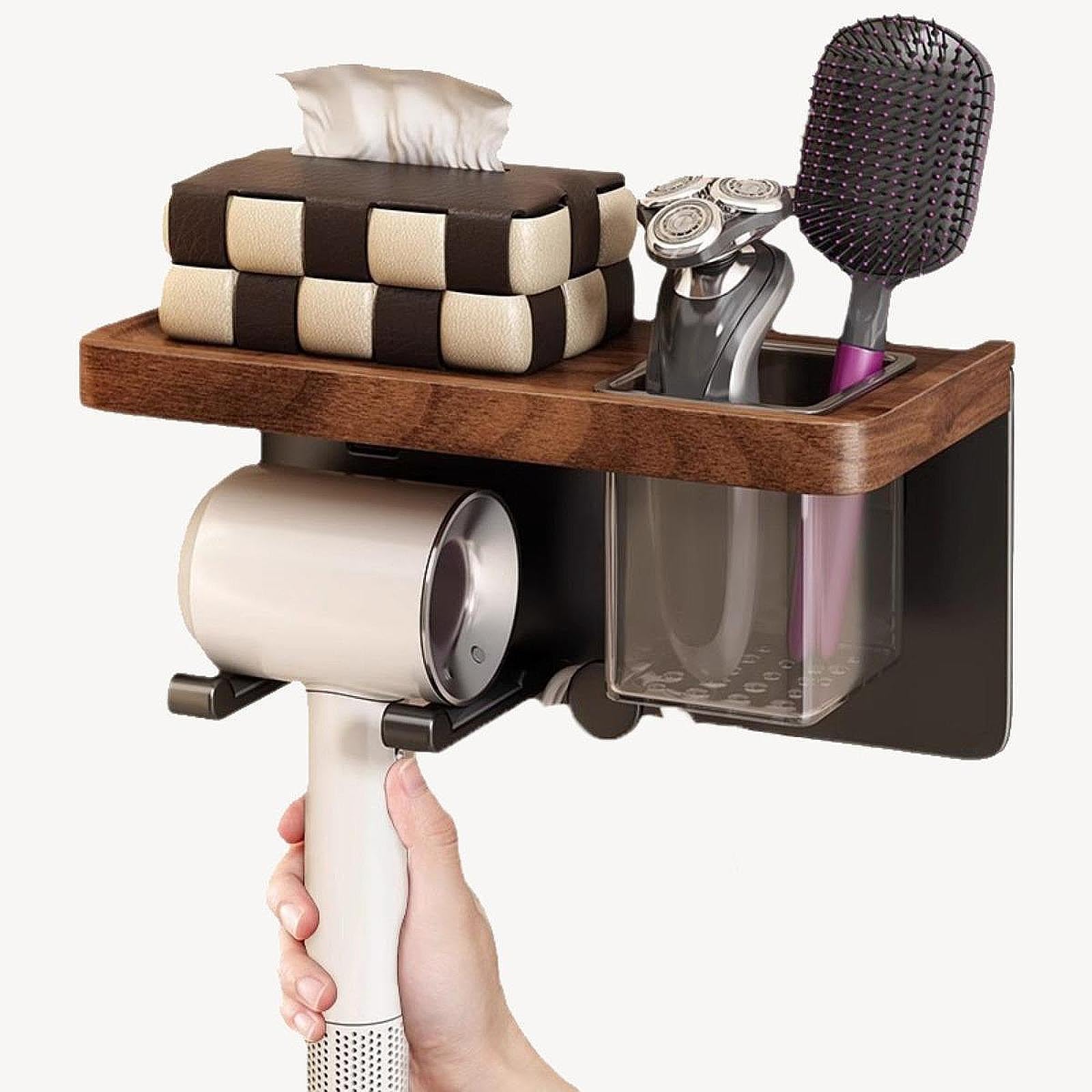 misppro Soporte de madera para secador de pelo, sin taladro, para baño, dormitorio
