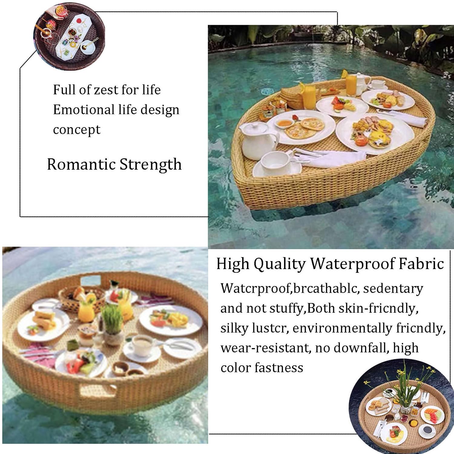 Plateau de Service Flottant pour Piscine, Plateau de Service tissé en rotin, Plateau Alimentaire avec poignées, Plateau Flottant de Luxe, Plateau de Service Flottant, Table, Bar, Plateau flo