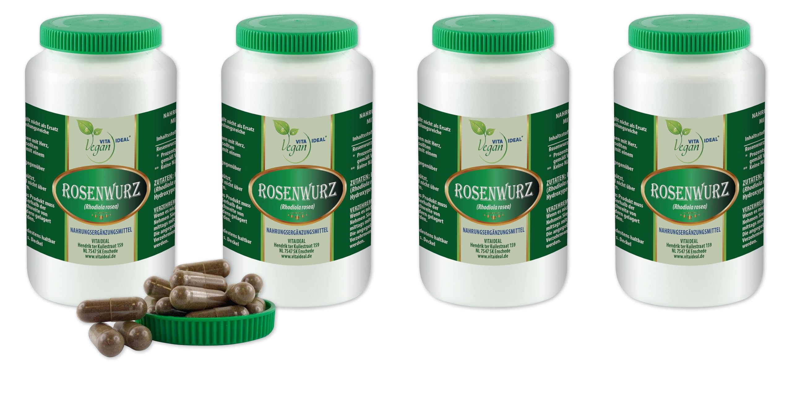 VITA IDEAL Vegan® ROSENWURZ - Wurzel 4x 360 KAPSELN - RHODIOLA rosea - Tagesportion 840mg ROSENWURZWURZEL Natürlich, pflanzlich & ohne Zusatzstoffe,