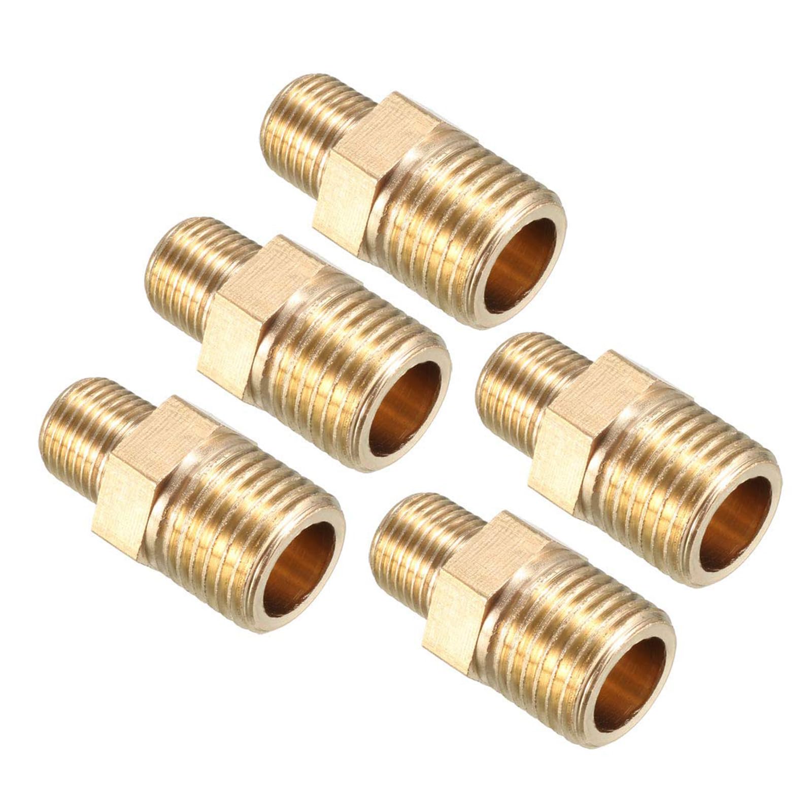 5Pcs Brass Pipe Fitting, Hex Nipple 1/4 BSP Male X 1/8 BSP Male Thread Connector, External Thread Brass Pipe Hex Nipple Fitting Quick Adapter