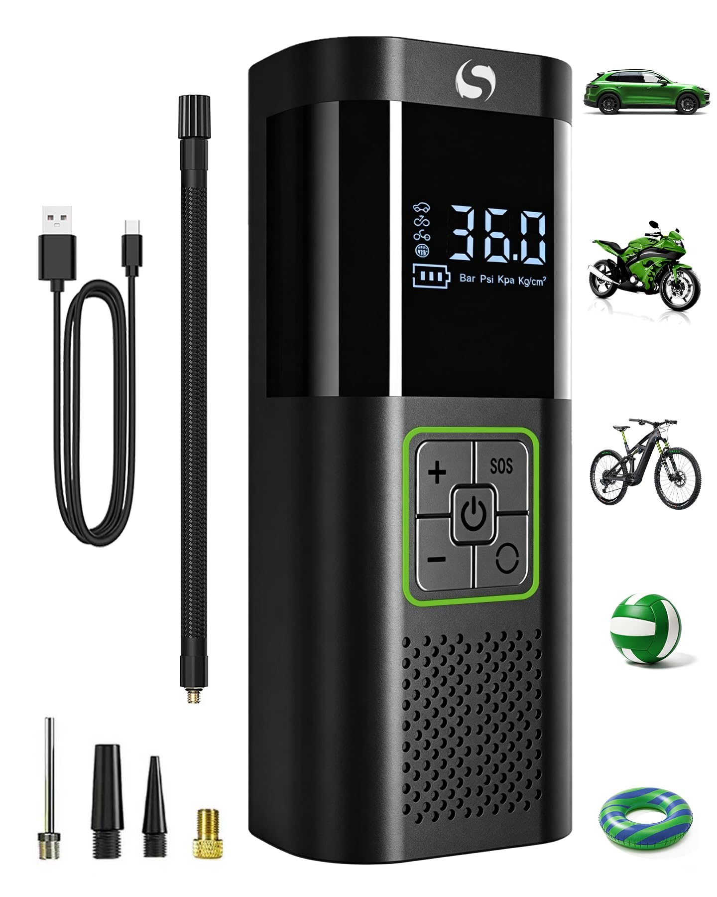 Compressore Aria Portatile, Gonfiatore Elettrico Portatile con Manometro, Pompa Elettrica è Adatto per Auto, Moto, Bicicletta, Palla