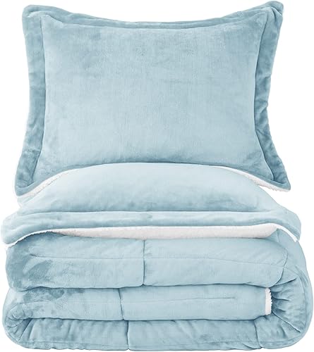 Miniatura 6 de Juego de edredón sherpa azul ahumado, tamaño matrimonial y queen, suave para primavera, cálido, para todas las estaciones, juego de ropa de cama